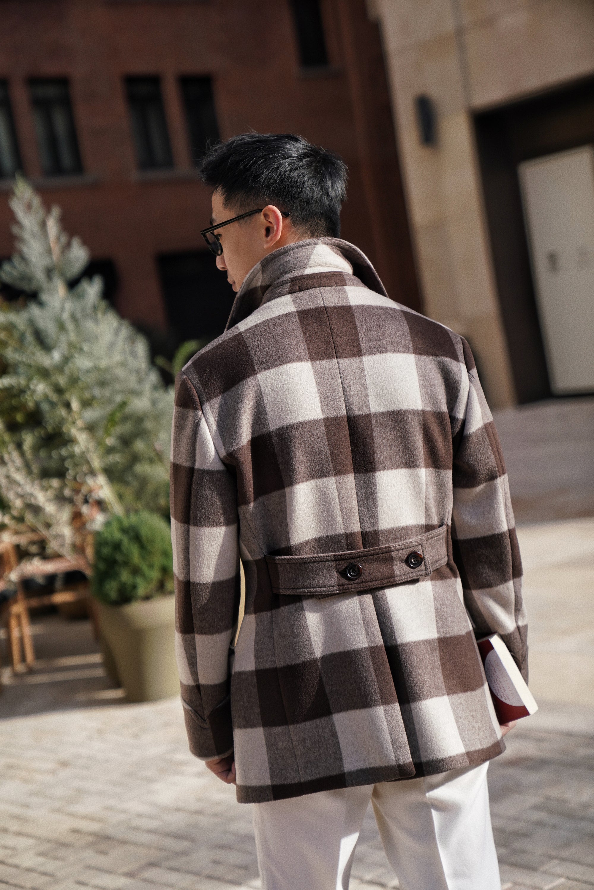 MTO Brown Plaid Wool Silk Cashmere Peacoat