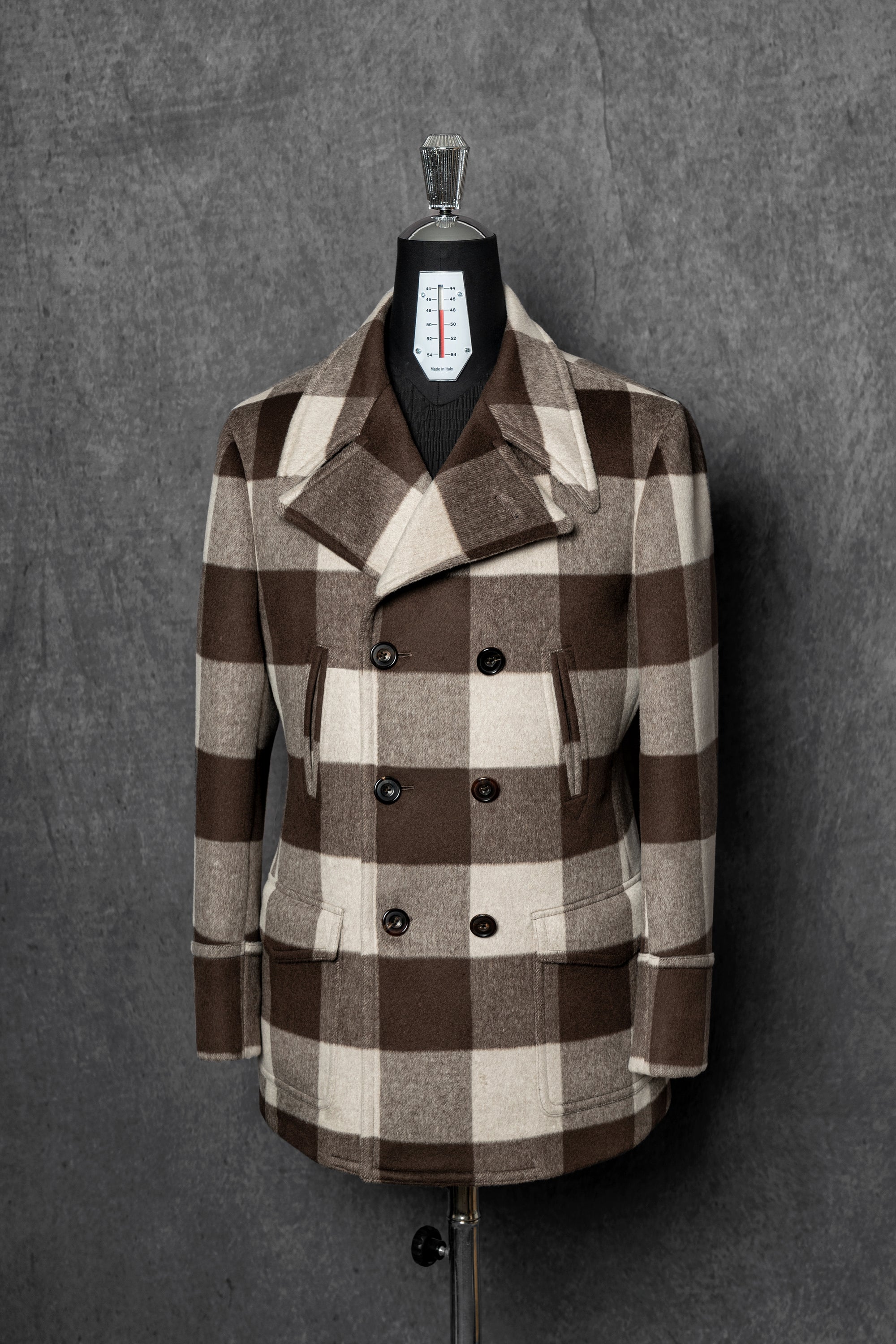 MTO Brown Plaid Wool Silk Cashmere Peacoat