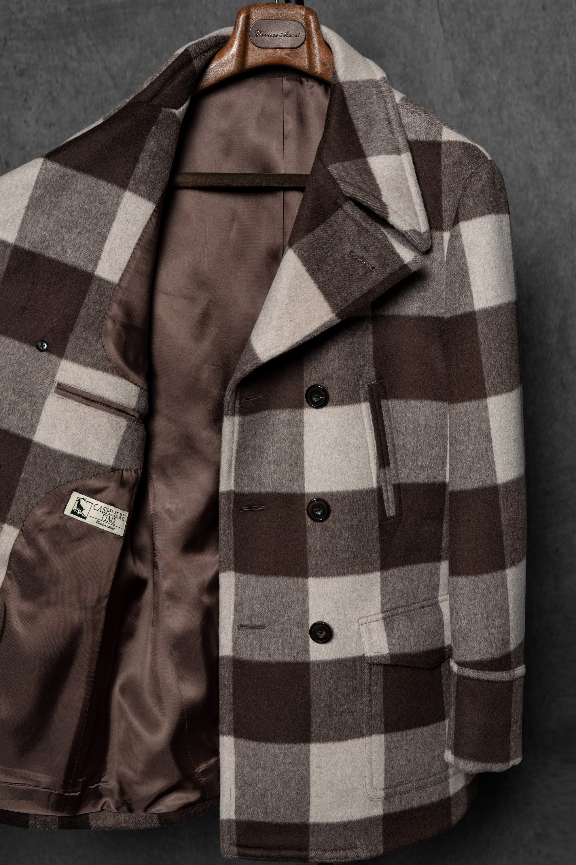 MTO Brown Plaid Wool Silk Cashmere Peacoat