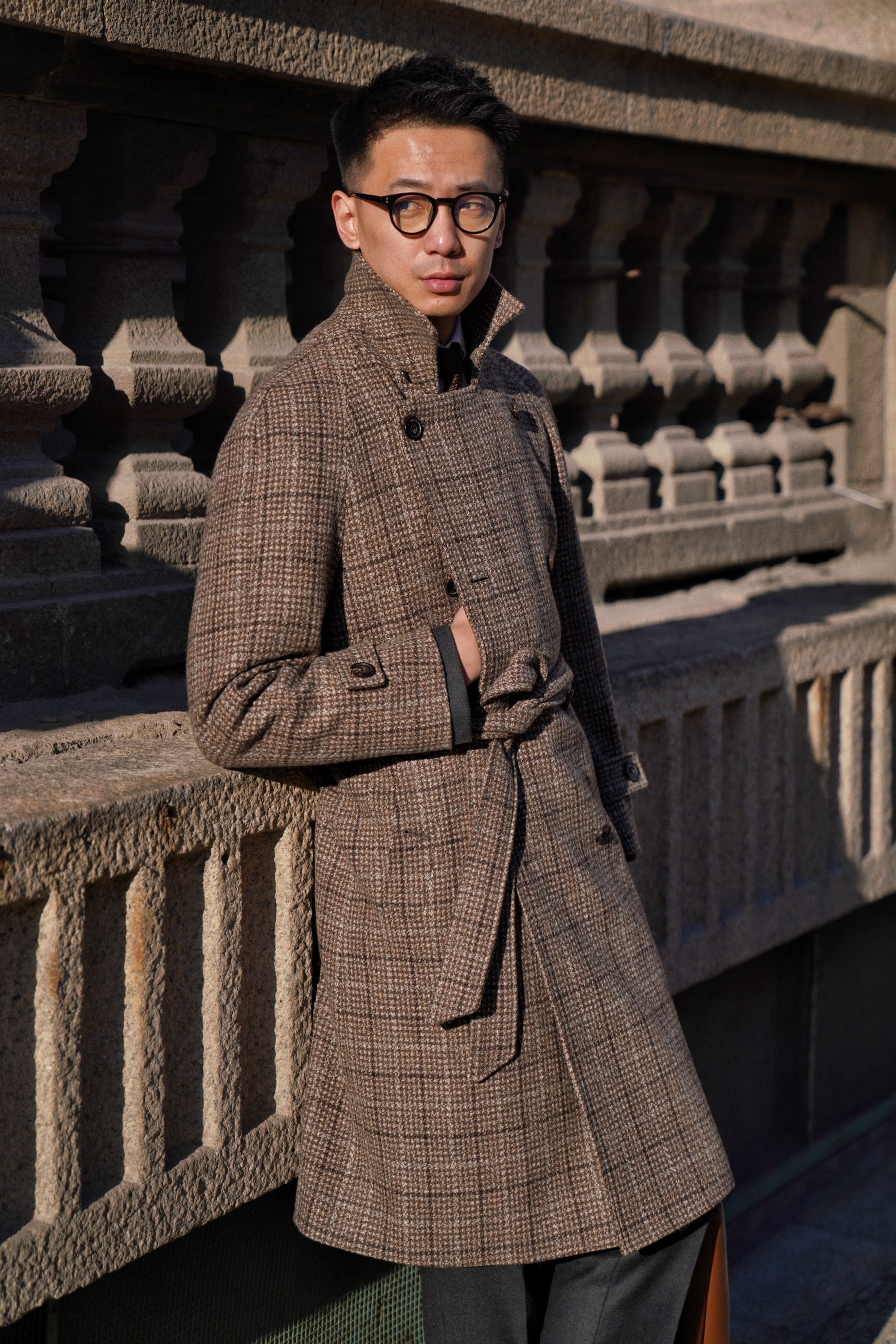 MTO Toffee Windowpane Wool Balmacaan Coat