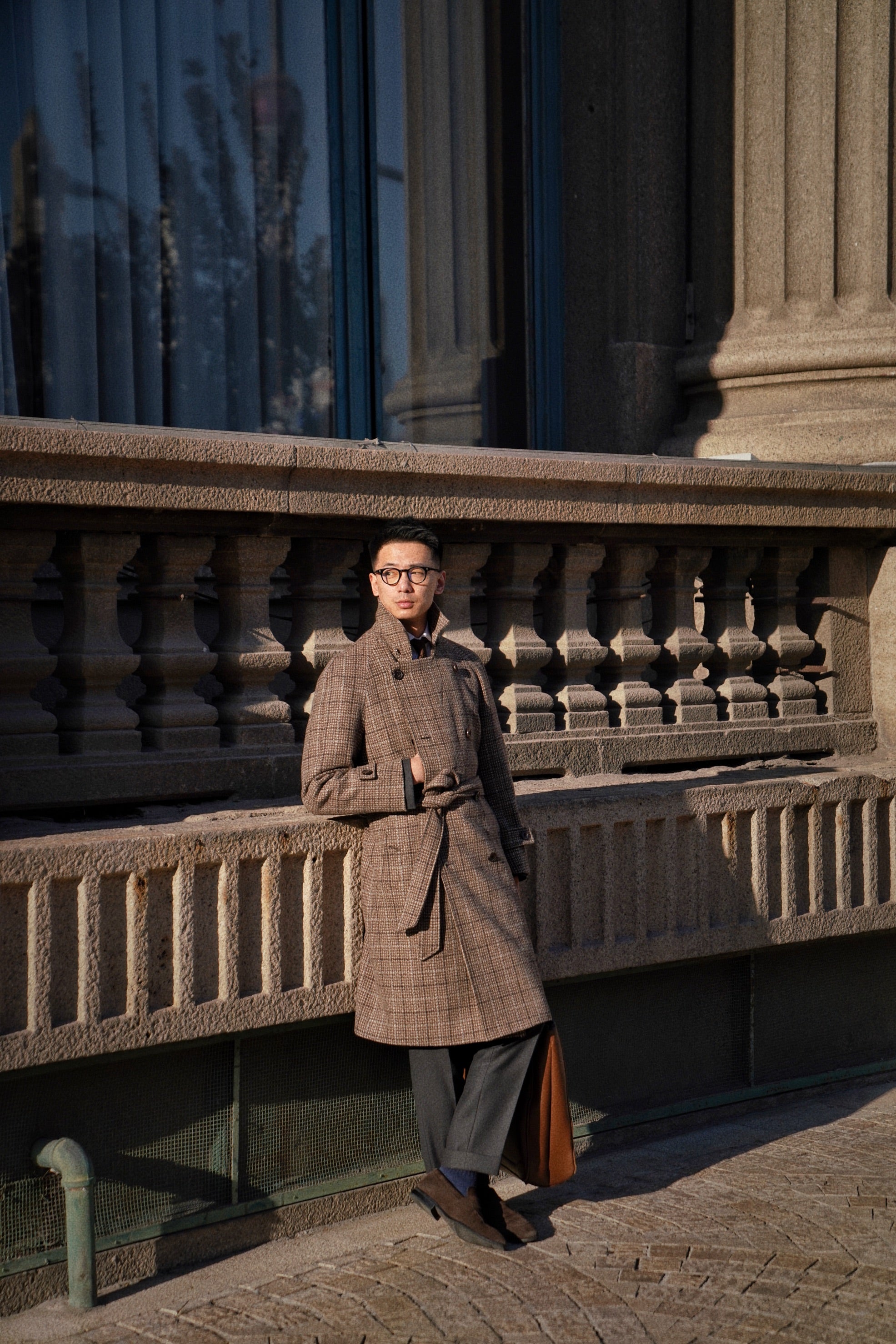 MTO Toffee Windowpane Wool Balmacaan Coat