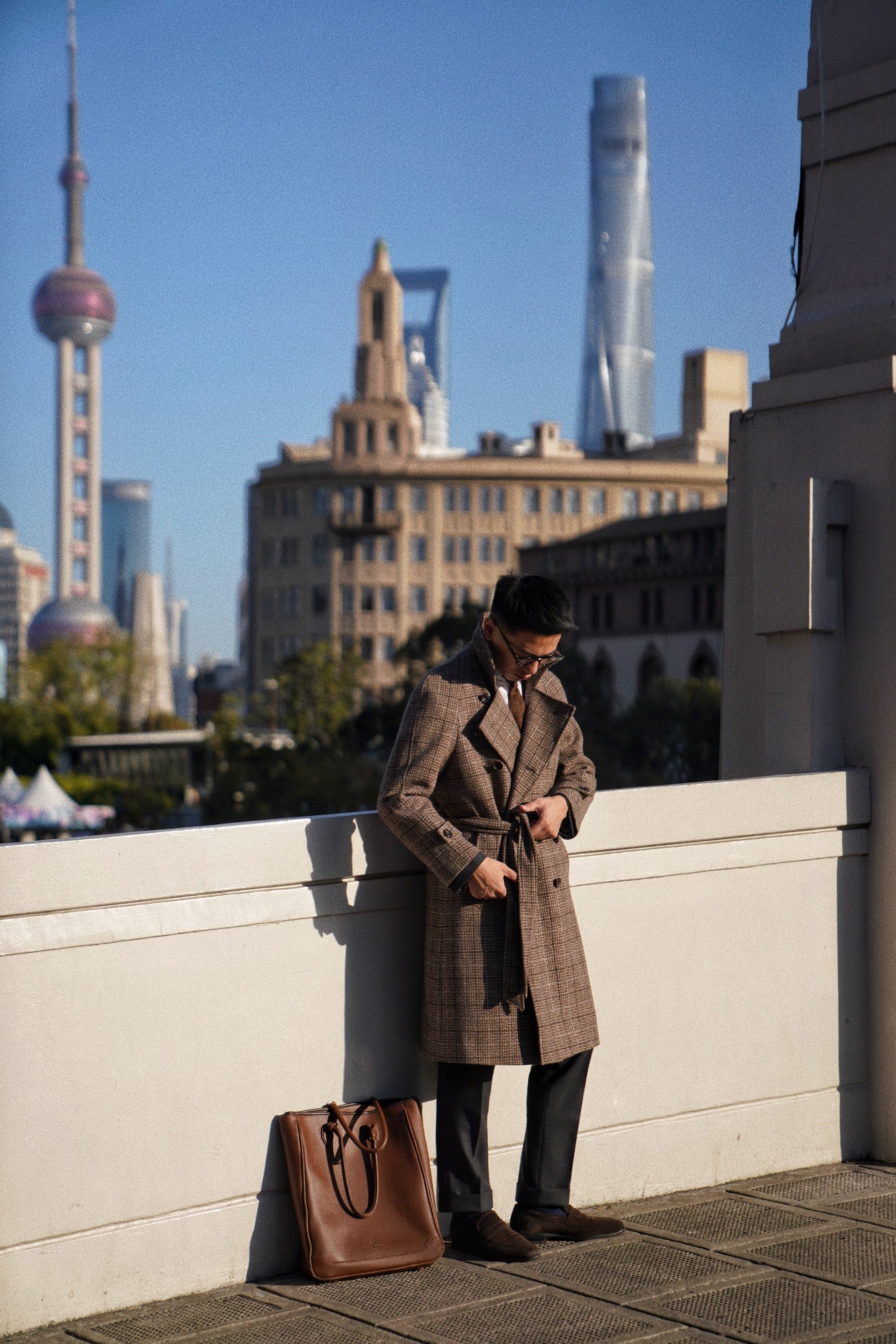 MTO Toffee Windowpane Wool Balmacaan Coat
