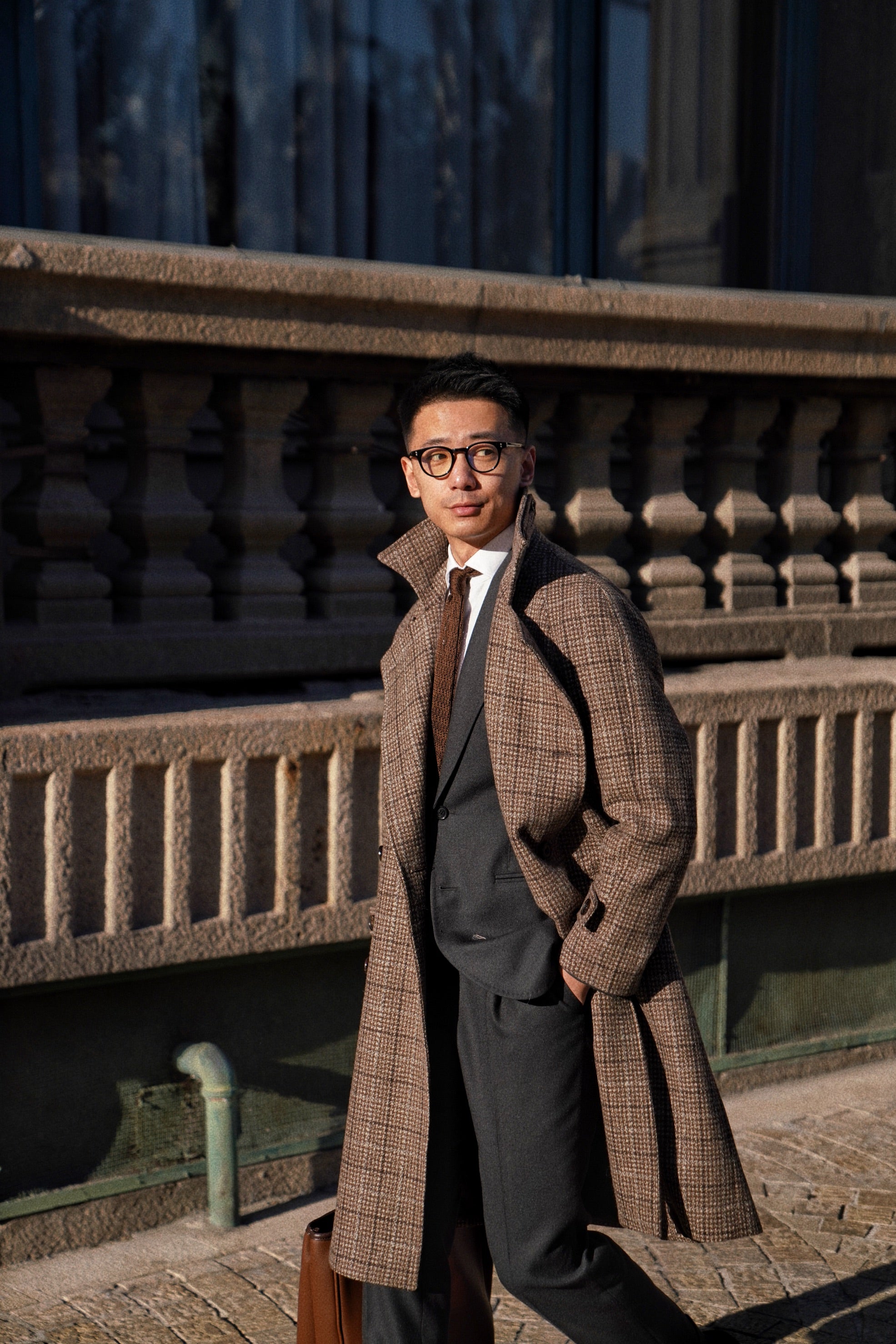 MTO Toffee Windowpane Wool Balmacaan Coat