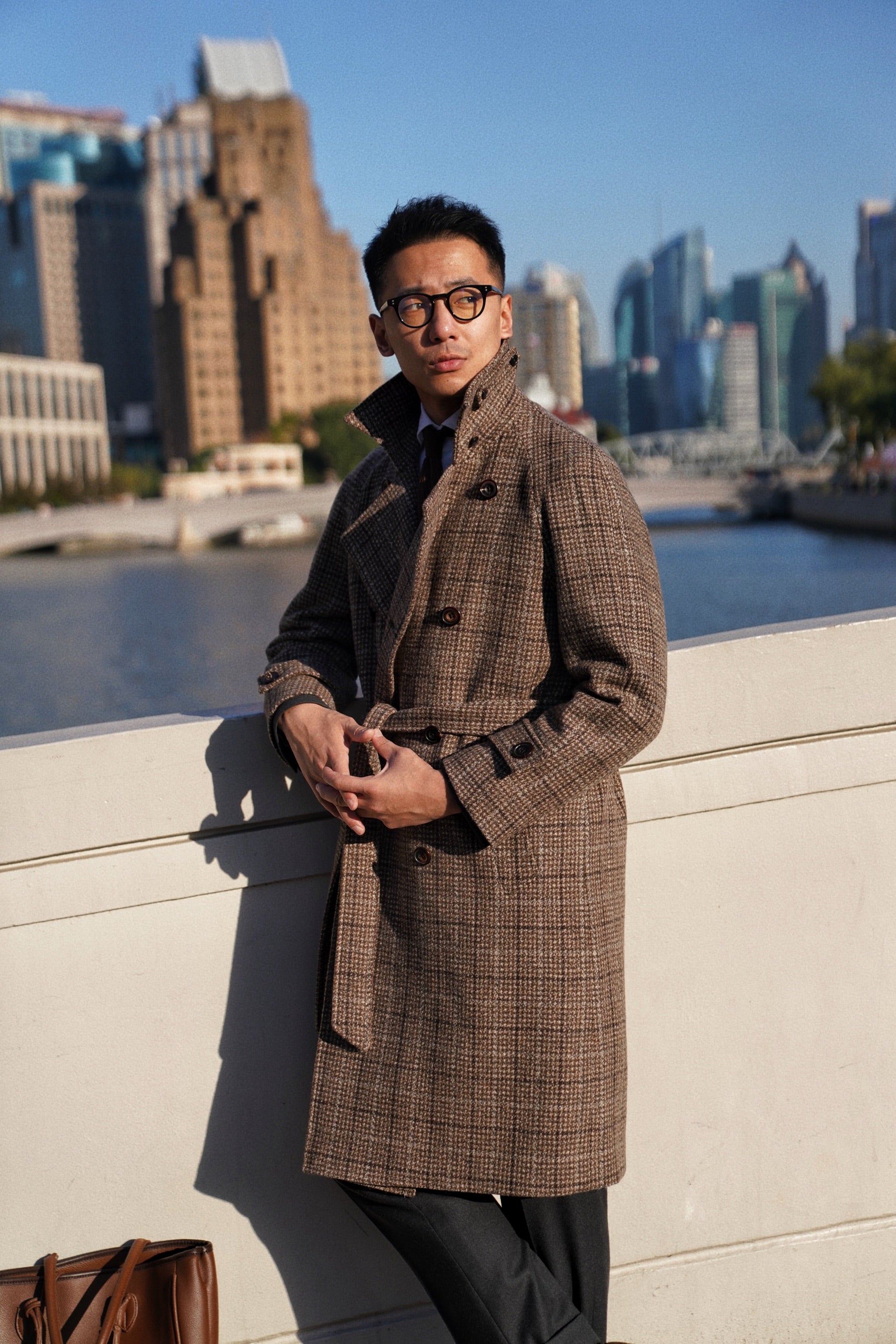 MTO Toffee Windowpane Wool Balmacaan Coat
