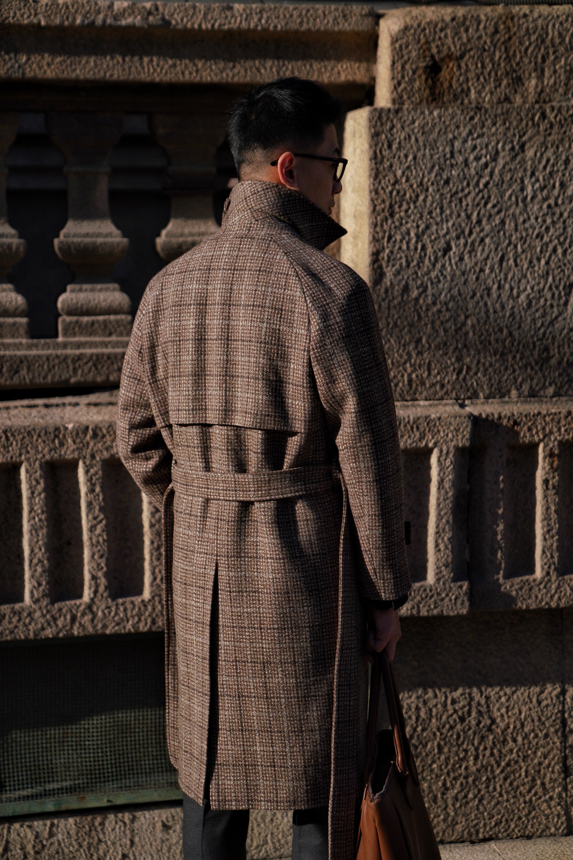 MTO Toffee Windowpane Wool Balmacaan Coat