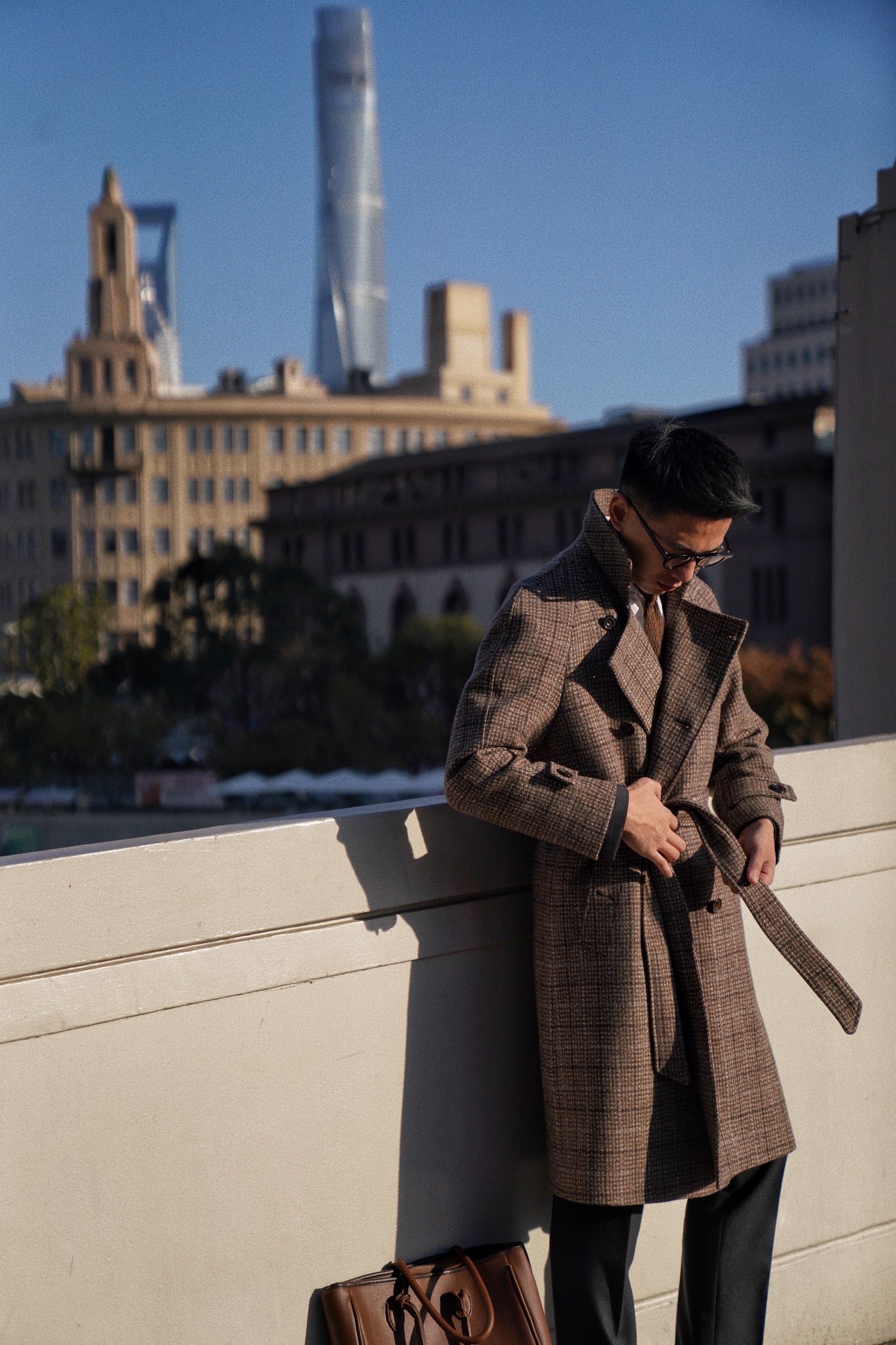 MTO Toffee Windowpane Wool Balmacaan Coat