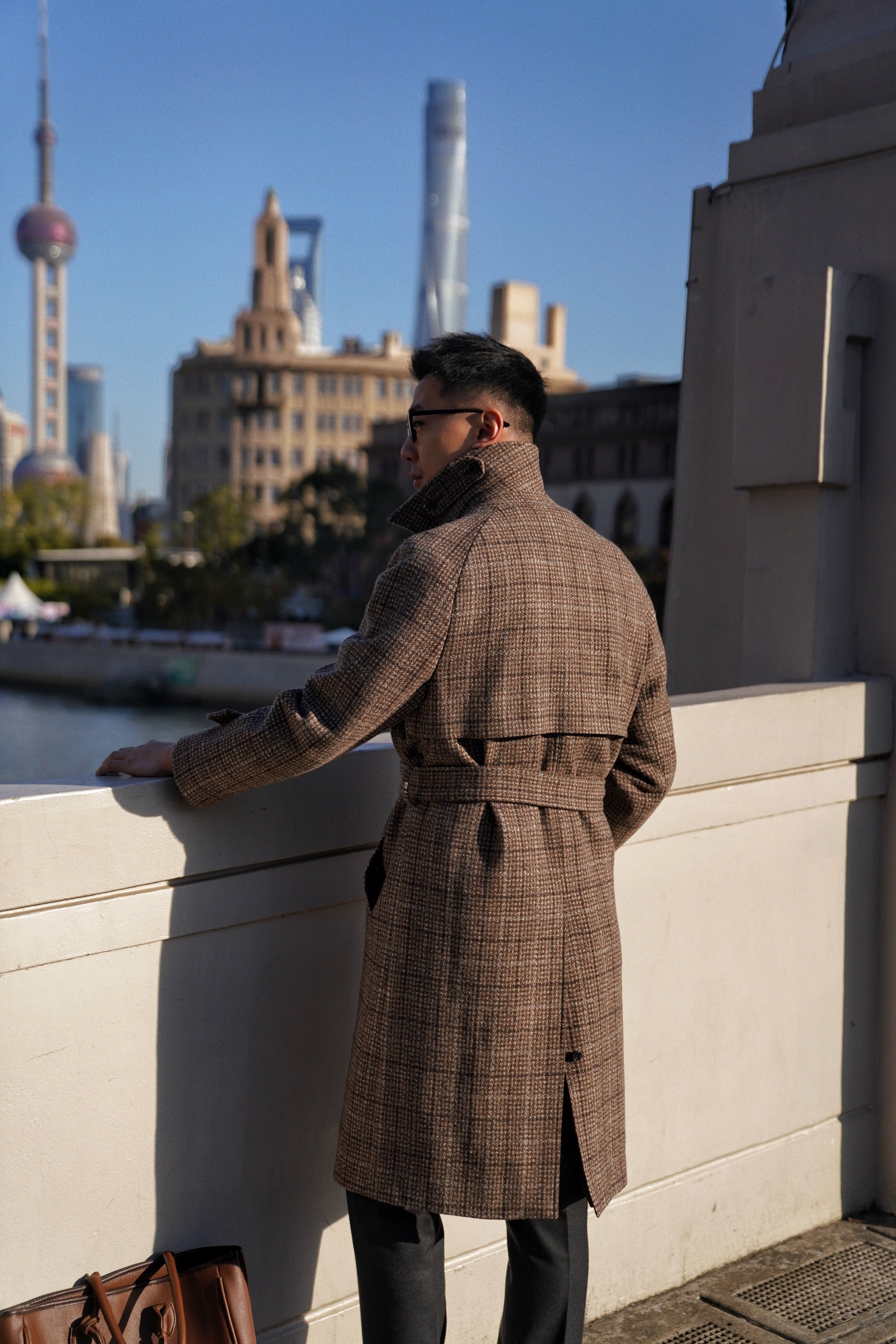 MTO Toffee Windowpane Wool Balmacaan Coat