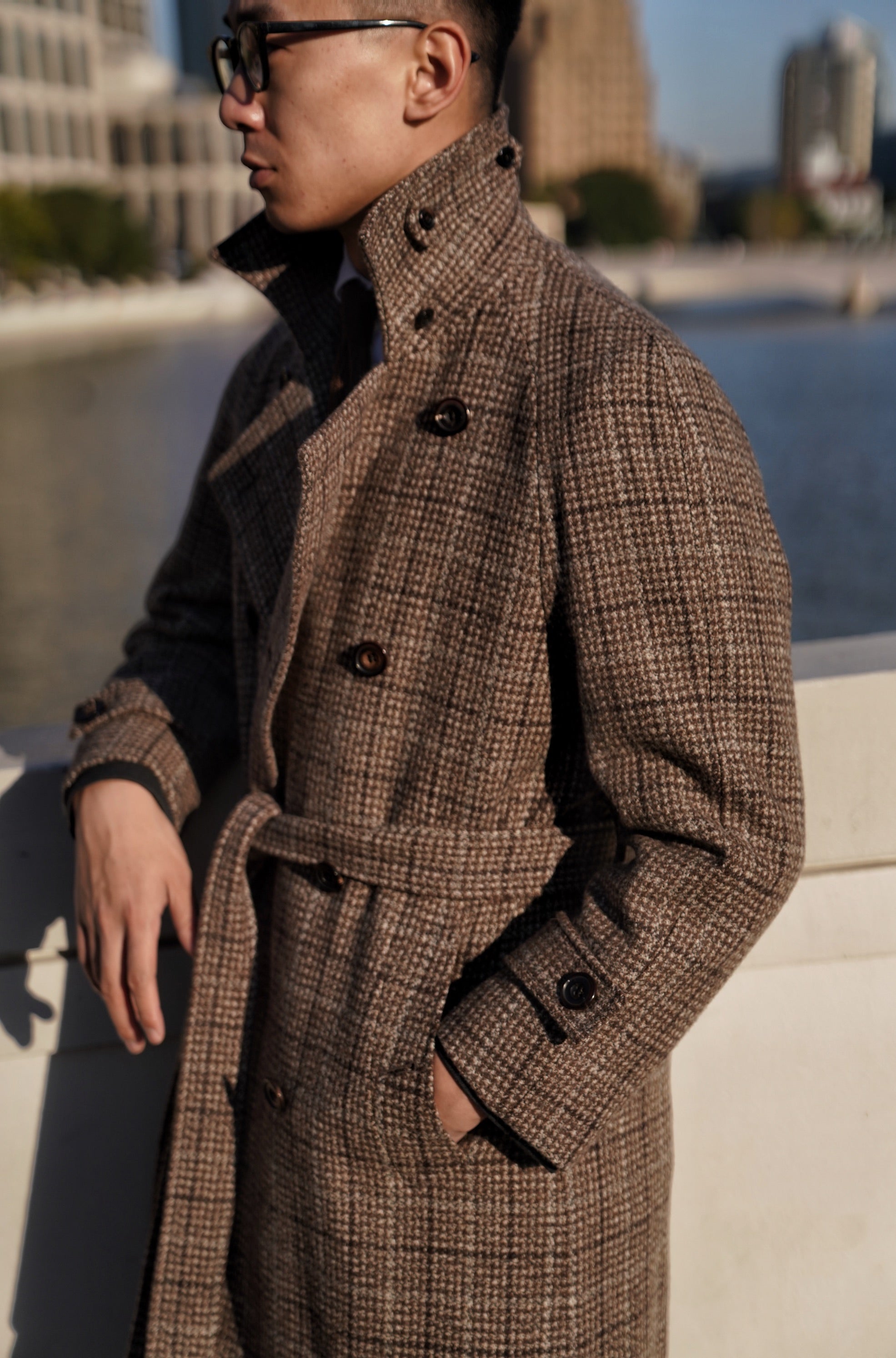 MTO Toffee Windowpane Wool Balmacaan Coat