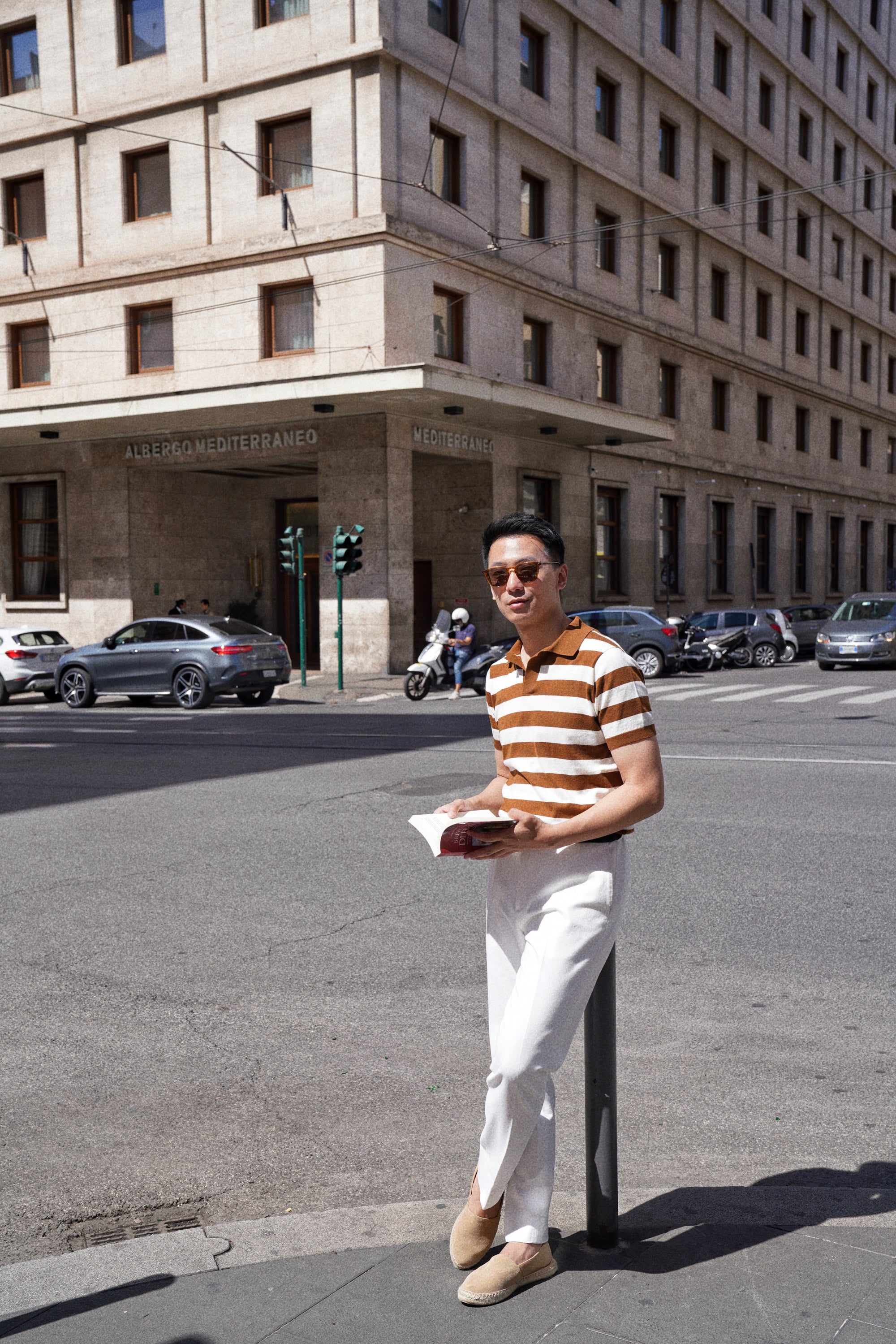 Navy / Tobacco Cotton Cashmere Knitted Breton Polo