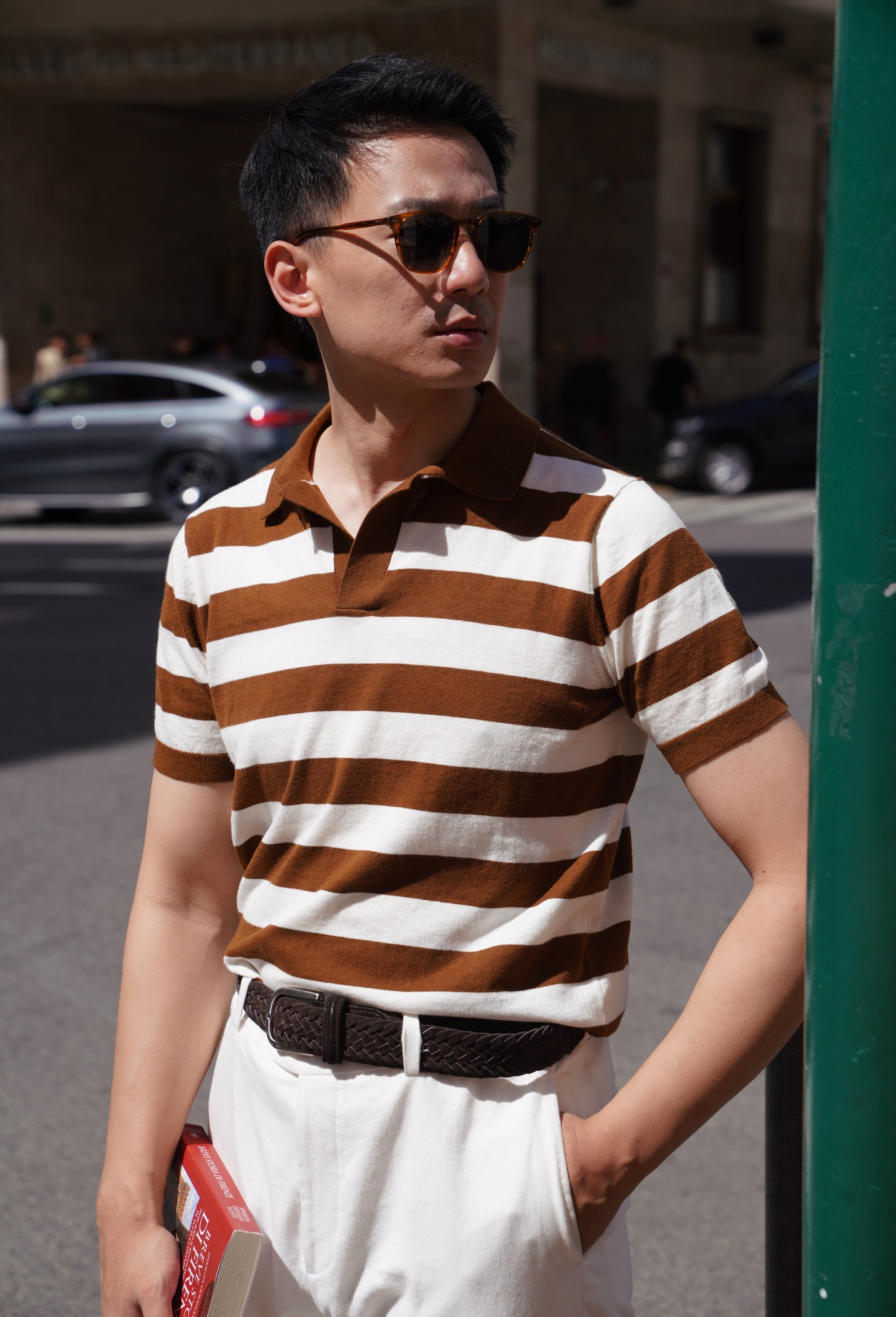 Navy / Tobacco Cotton Cashmere Knitted Breton Polo