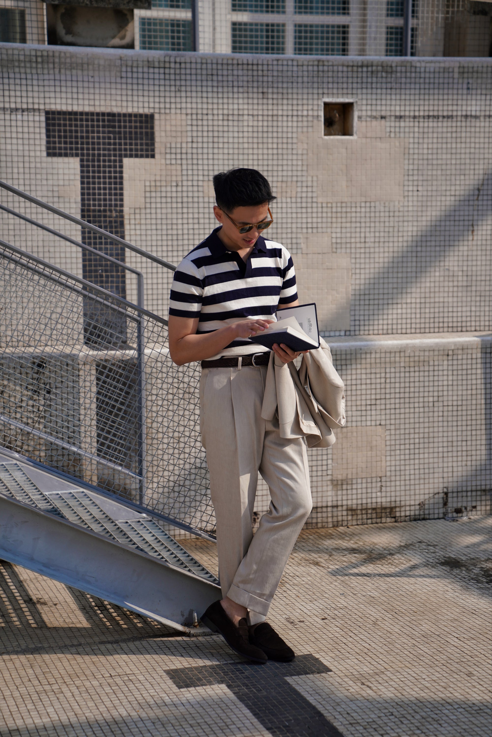 Navy / Tobacco Cotton Cashmere Knitted Breton Polo