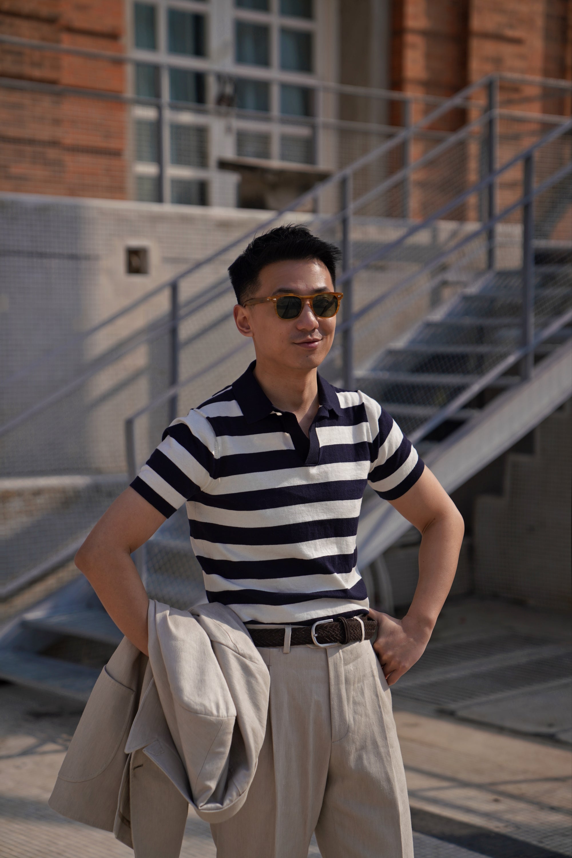 Navy / Tobacco Cotton Cashmere Knitted Breton Polo