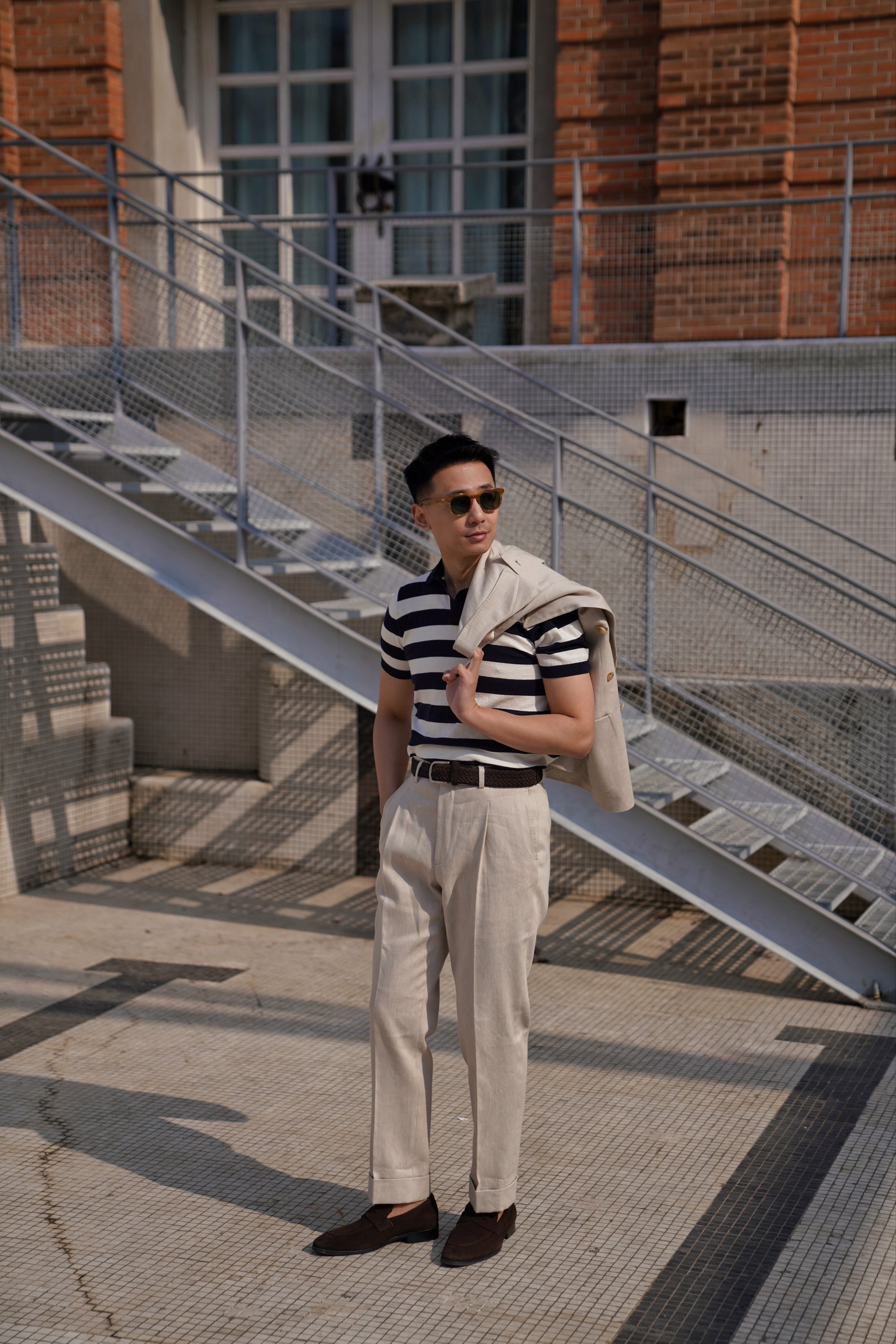 Navy / Tobacco Cotton Cashmere Knitted Breton Polo