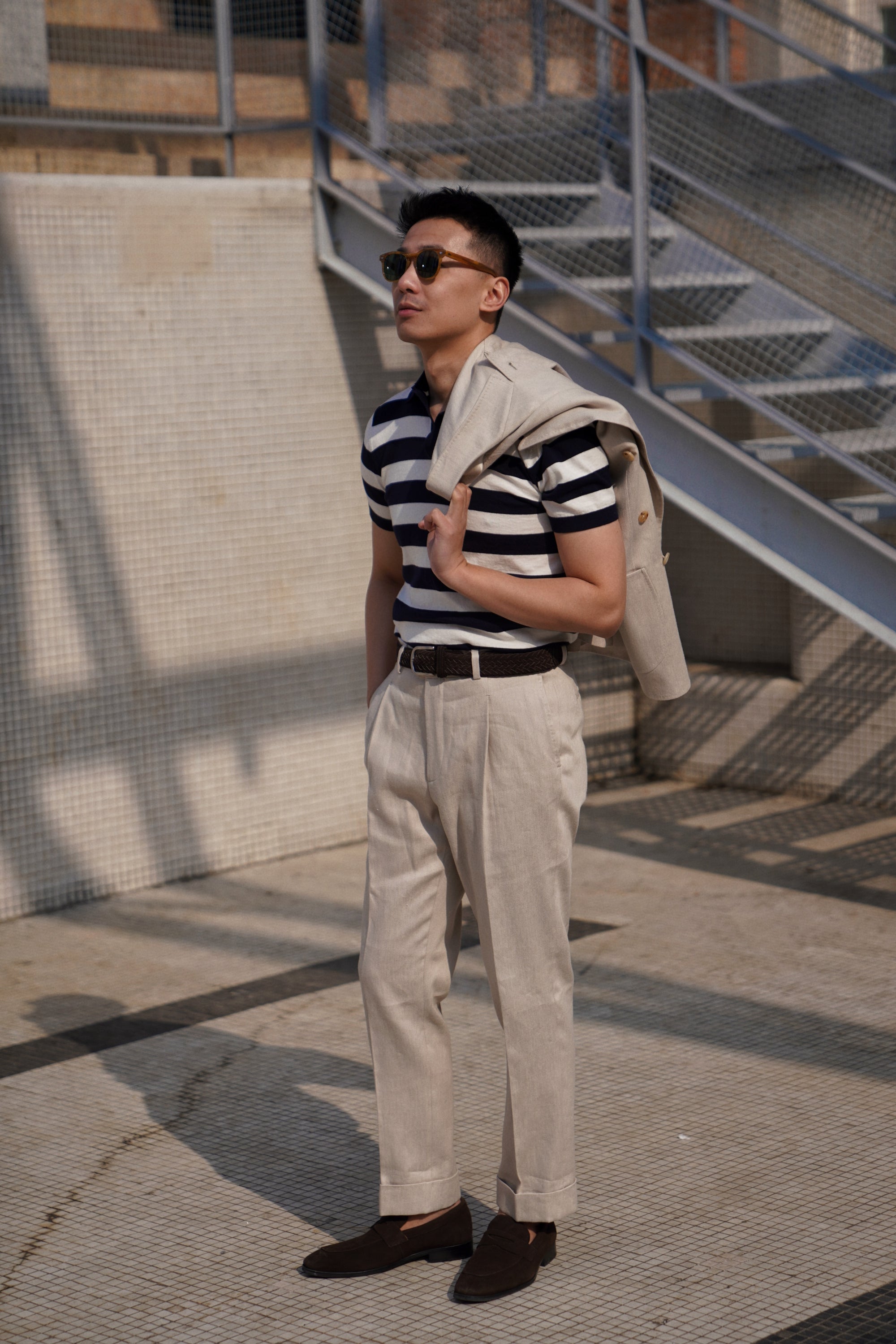 Navy / Tobacco Cotton Cashmere Knitted Breton Polo