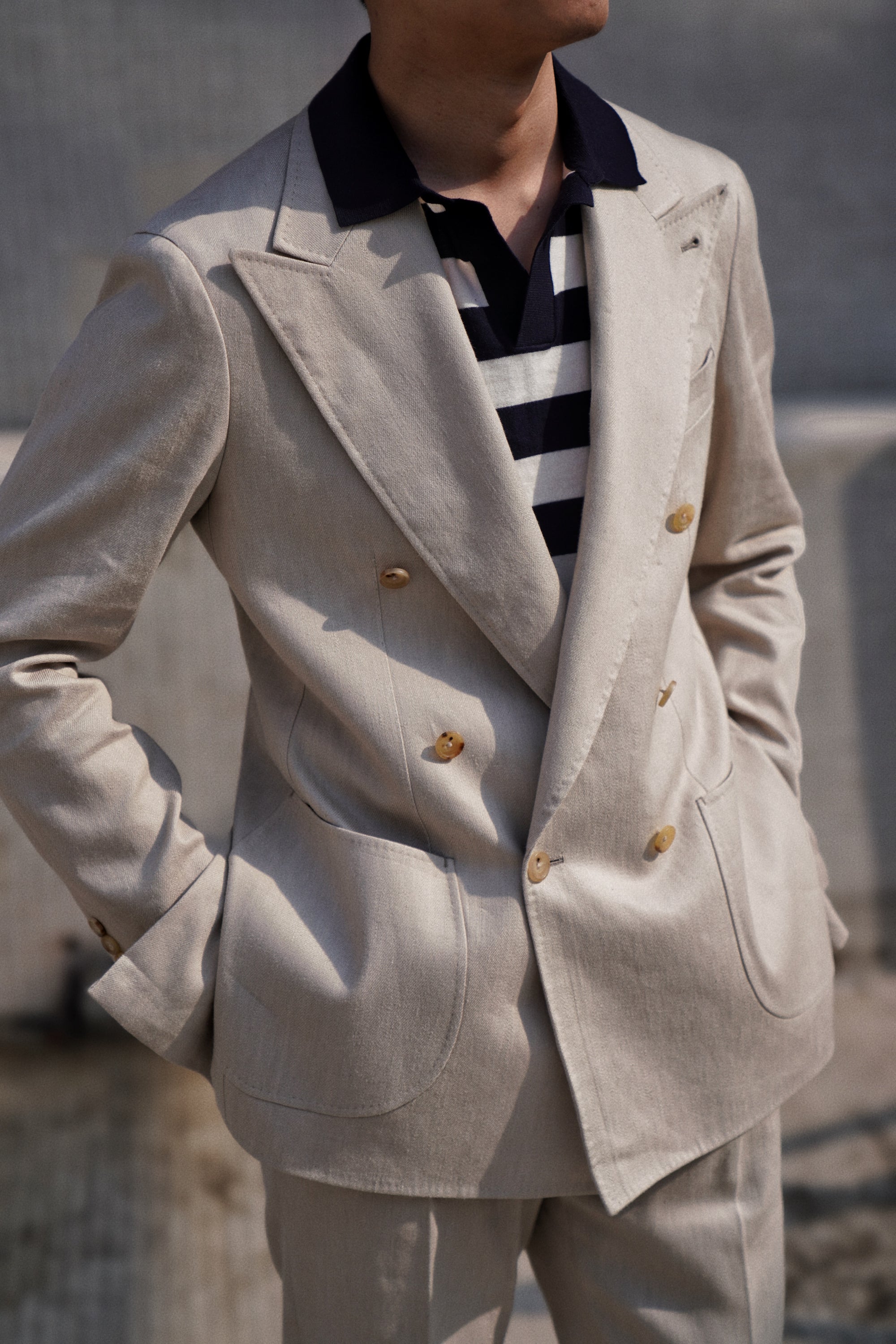 Navy / Tobacco Cotton Cashmere Knitted Breton Polo
