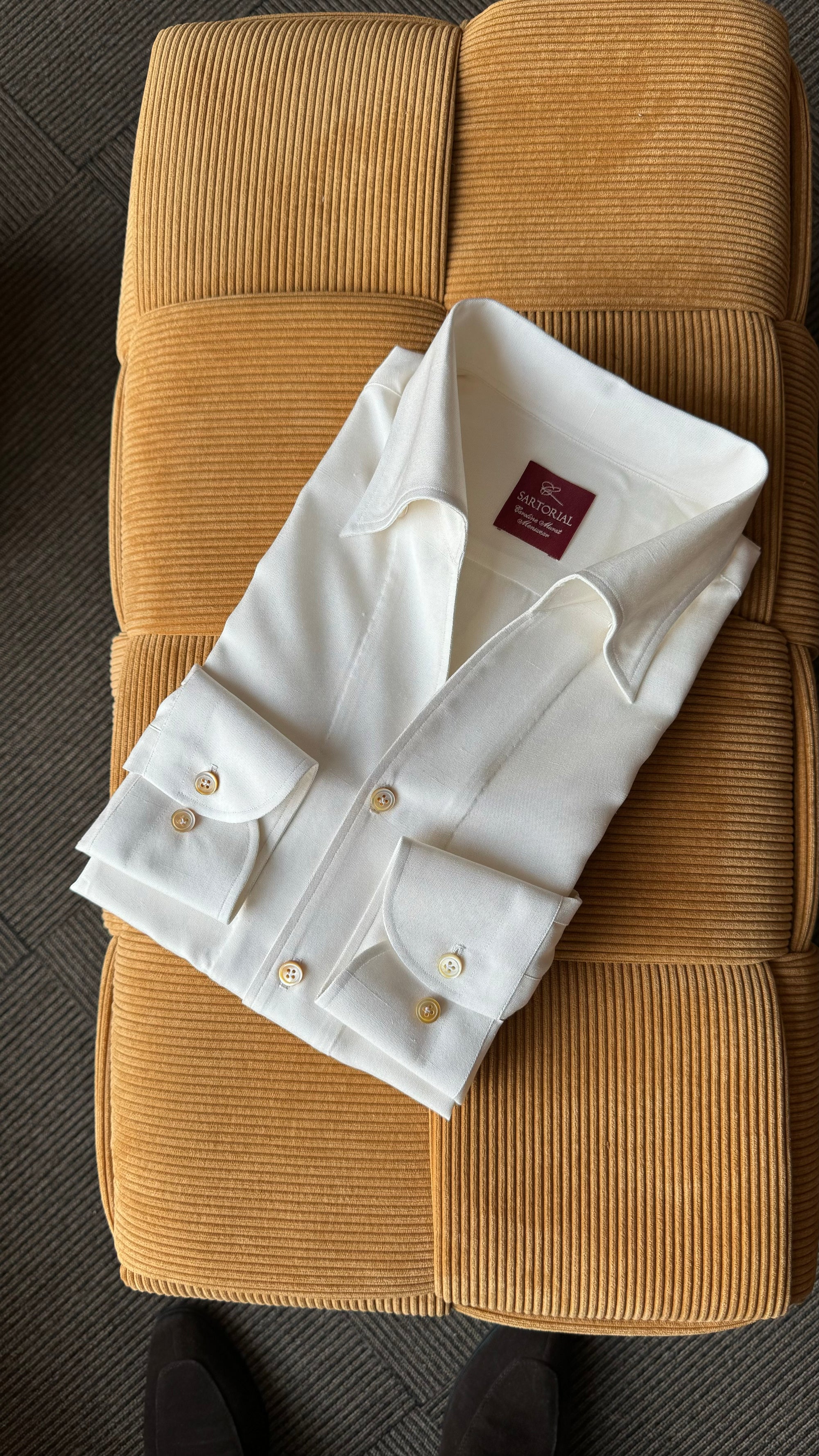 MTO Hand-stitched Beige One Piece Collar Dupioni Silk Shirt