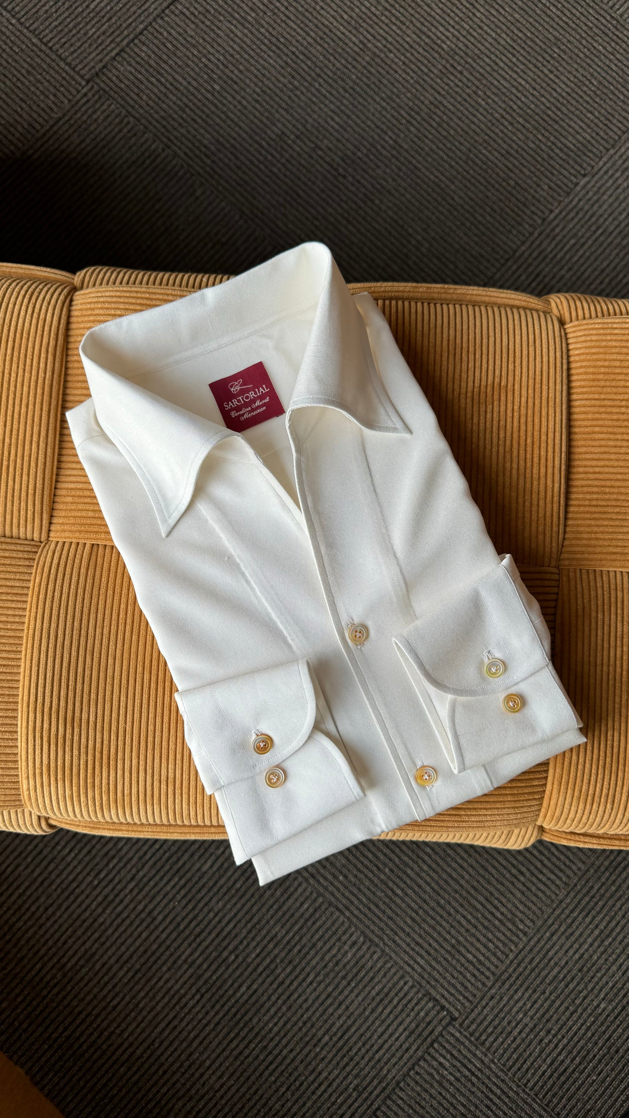 MTO Hand-stitched Beige One Piece Collar Dupioni Silk Shirt