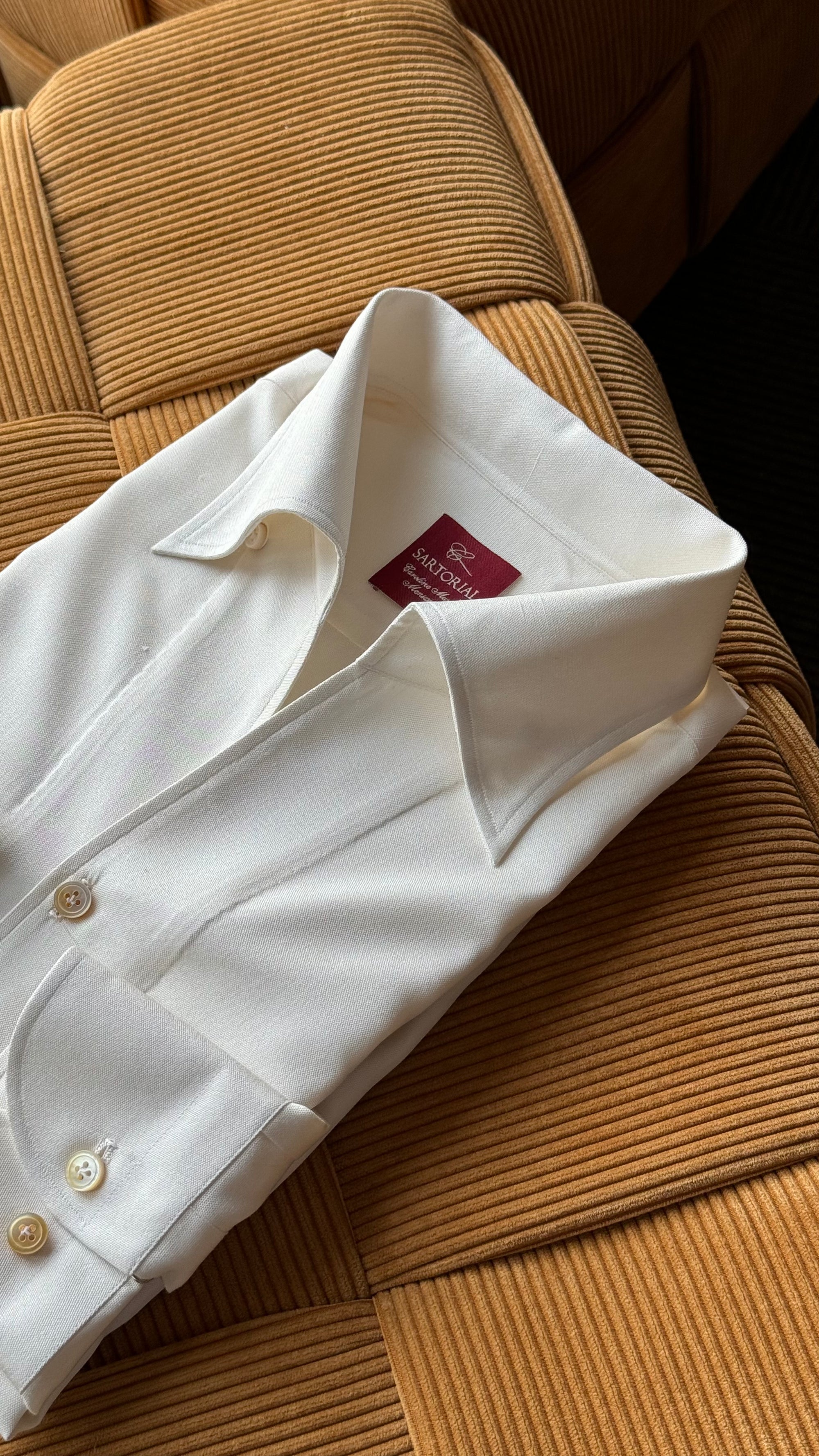 MTO Hand-stitched Beige One Piece Collar Dupioni Silk Shirt
