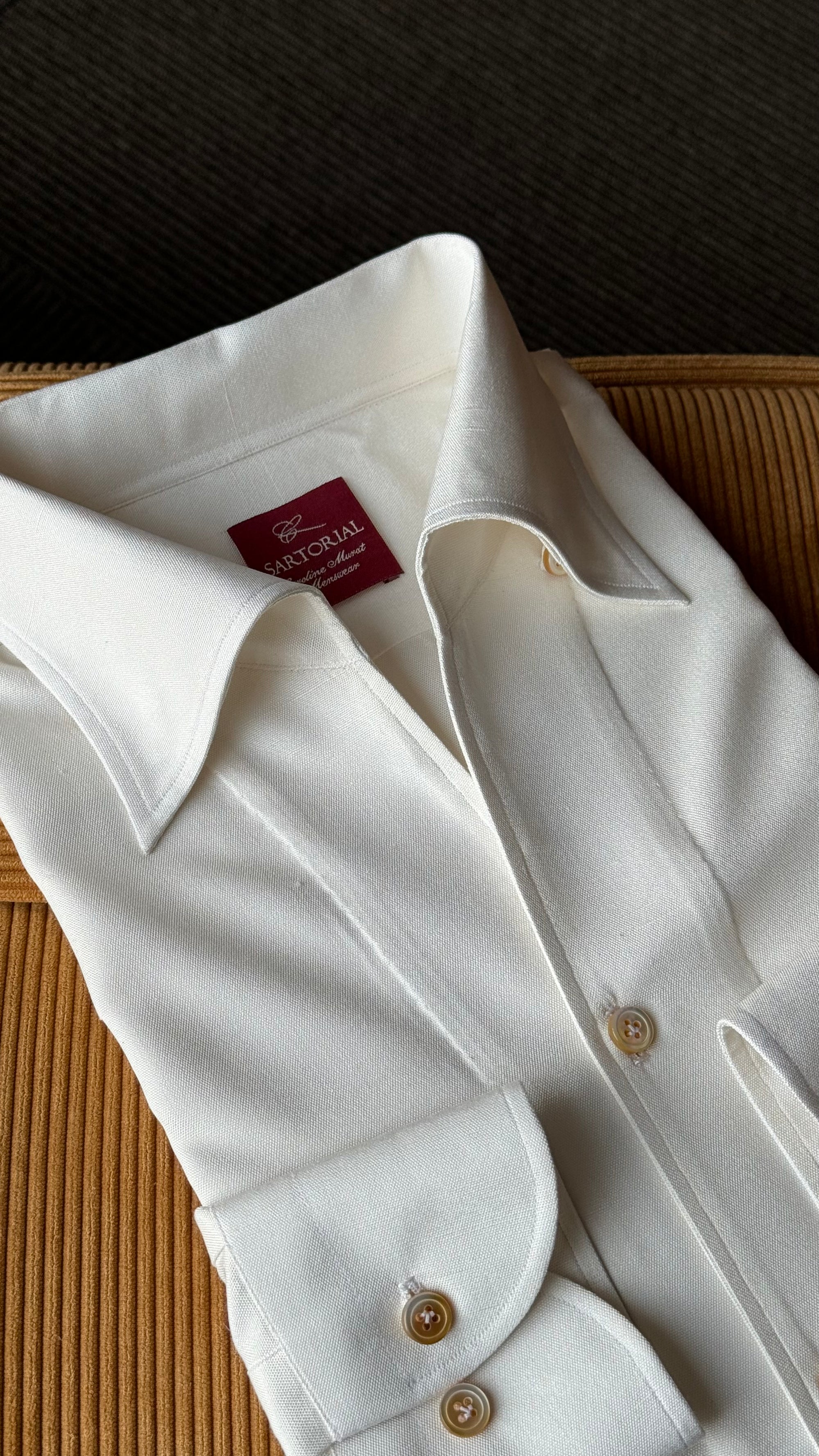 MTO Hand-stitched Beige One Piece Collar Dupioni Silk Shirt