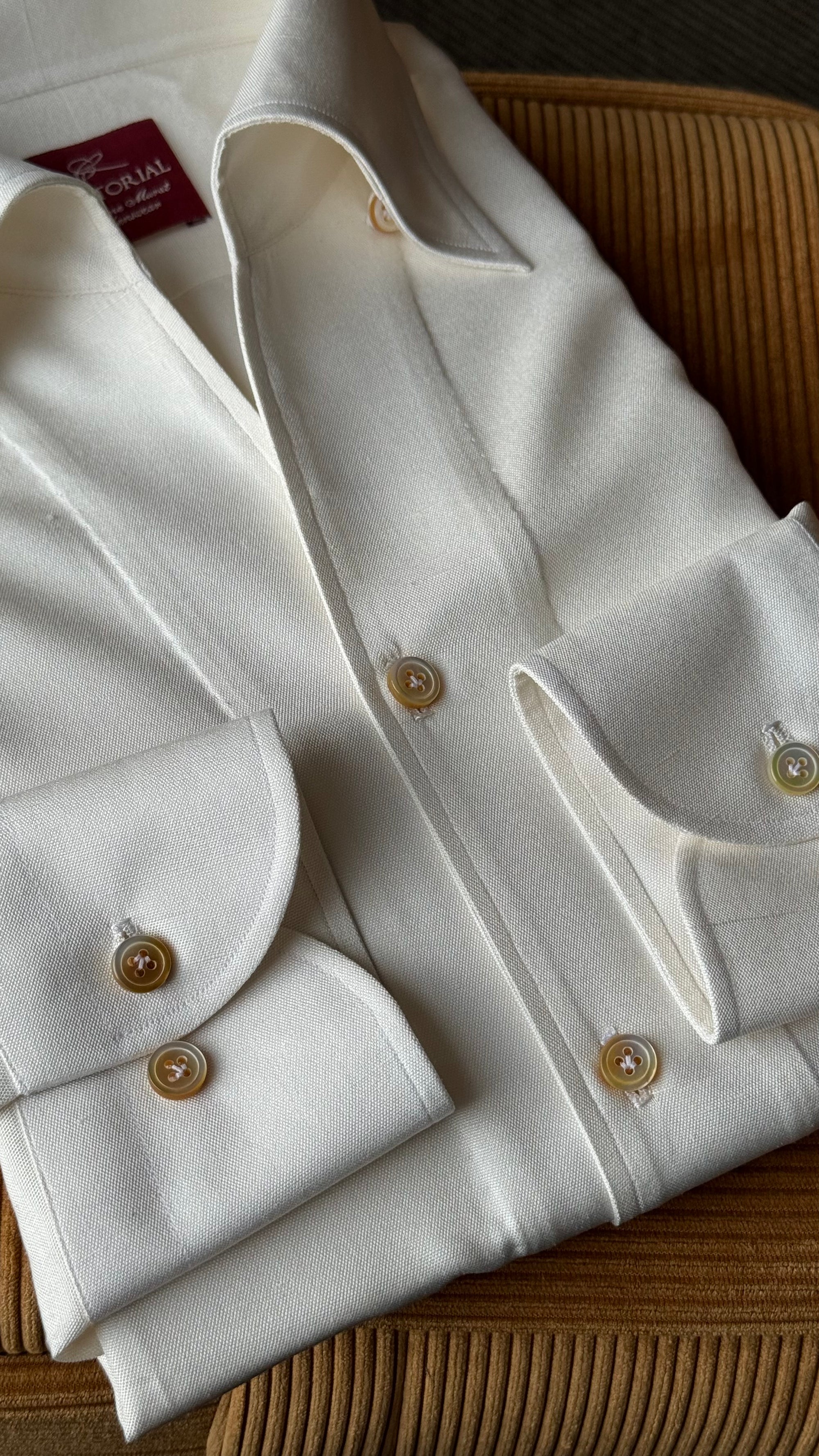 MTO Hand-stitched Beige One Piece Collar Dupioni Silk Shirt