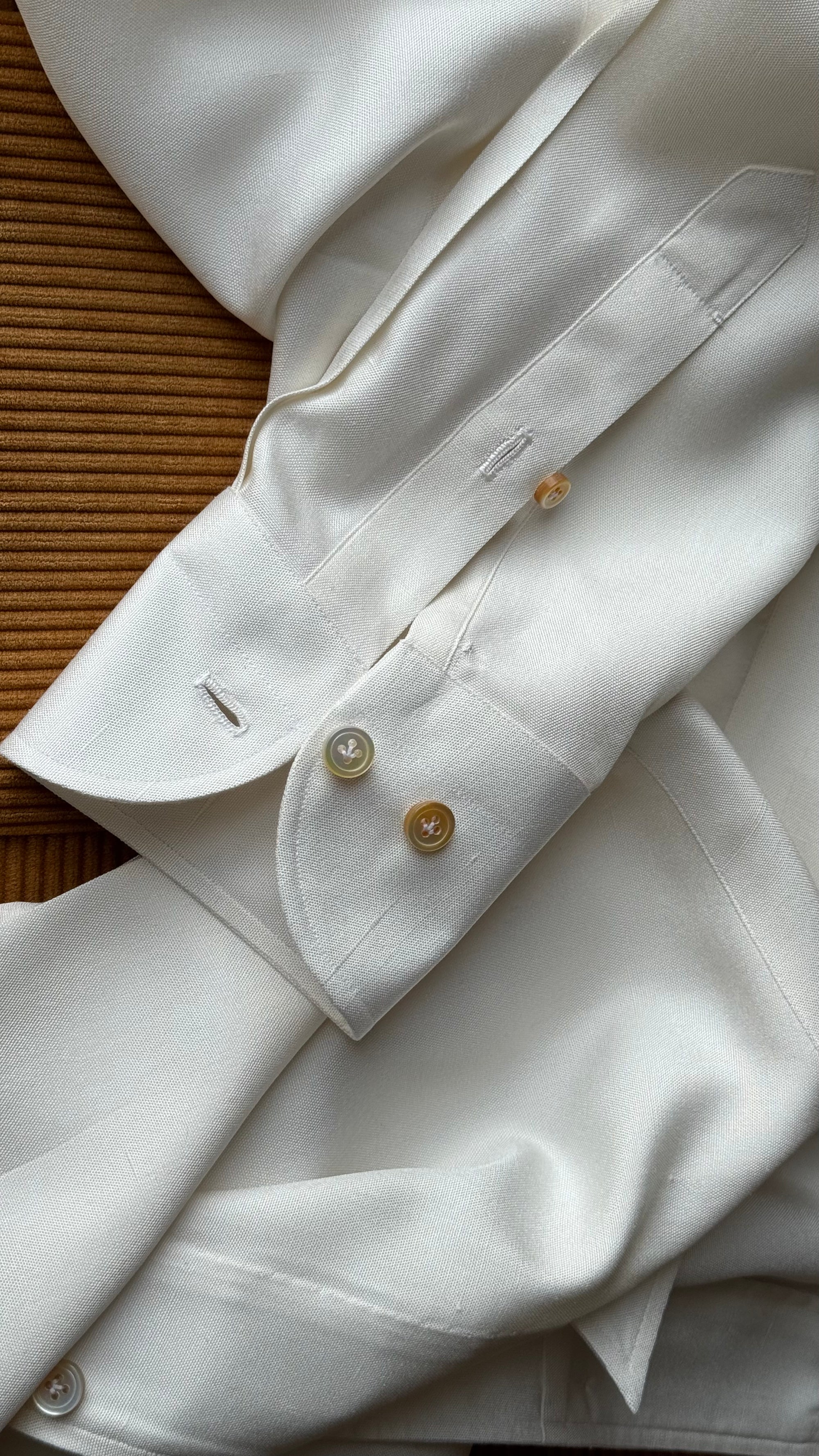 MTO Hand-stitched Beige One Piece Collar Dupioni Silk Shirt