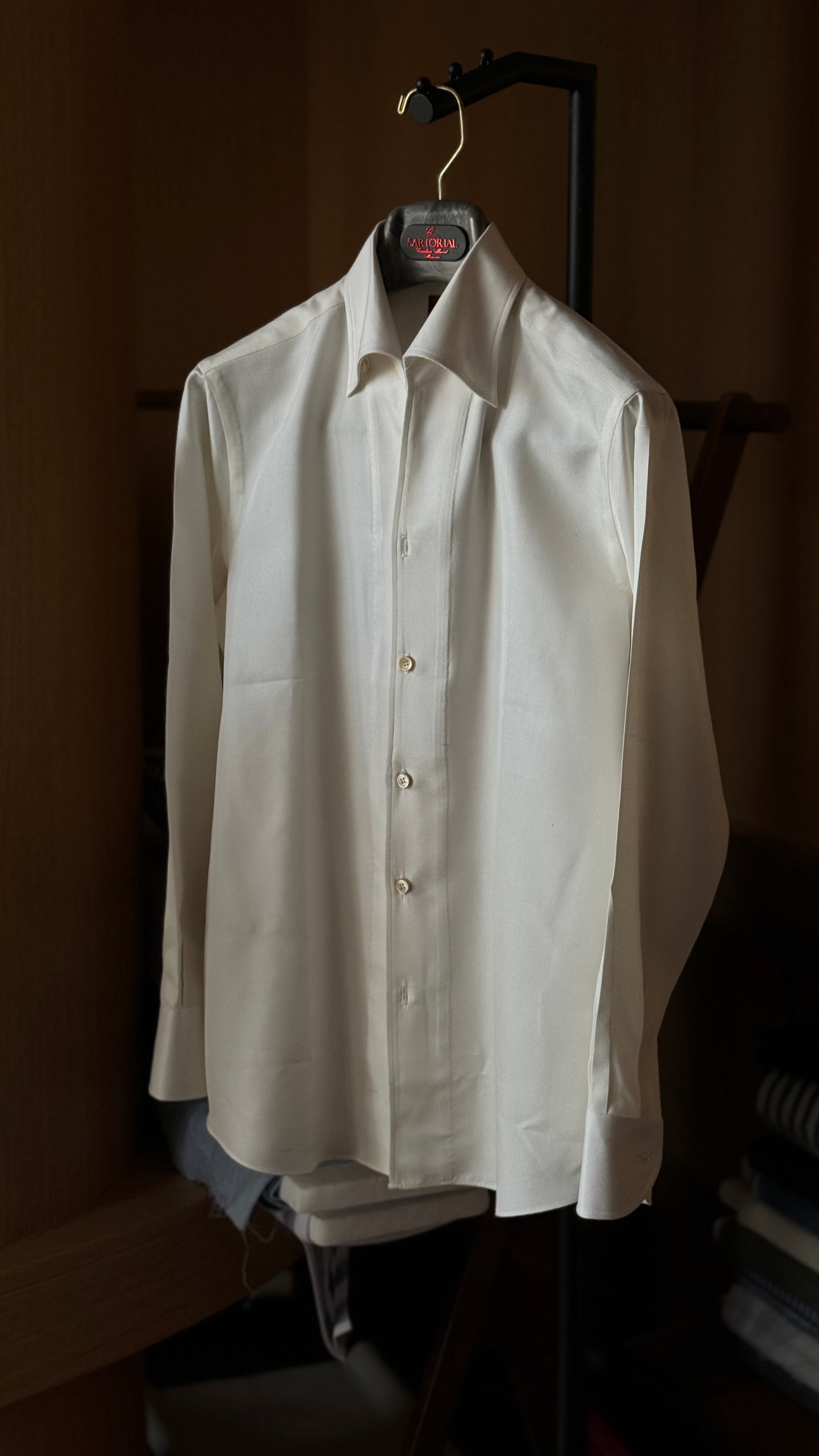 MTO Hand-stitched Beige One Piece Collar Dupioni Silk Shirt