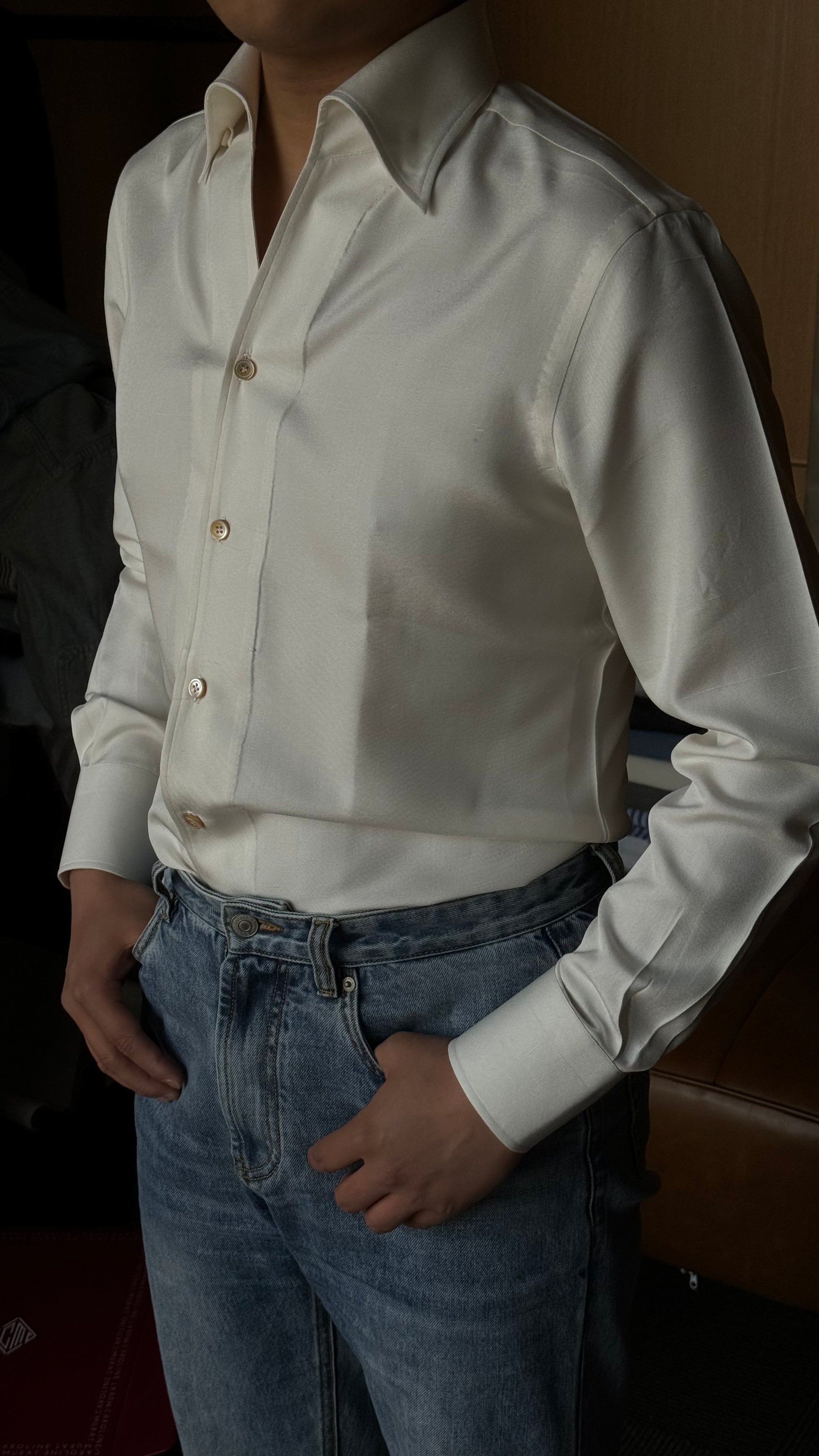 MTO Hand-stitched Beige One Piece Collar Dupioni Silk Shirt