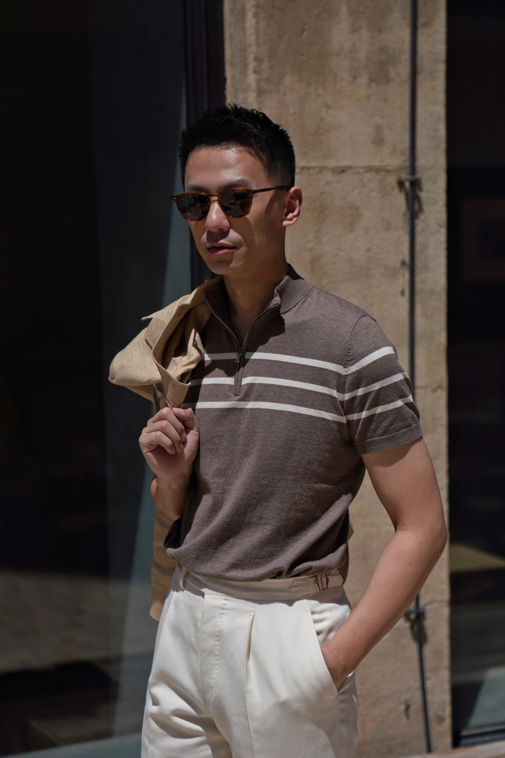 Mocha / Navy Cotton Blending Knitted Short Sleeve Mock Neck