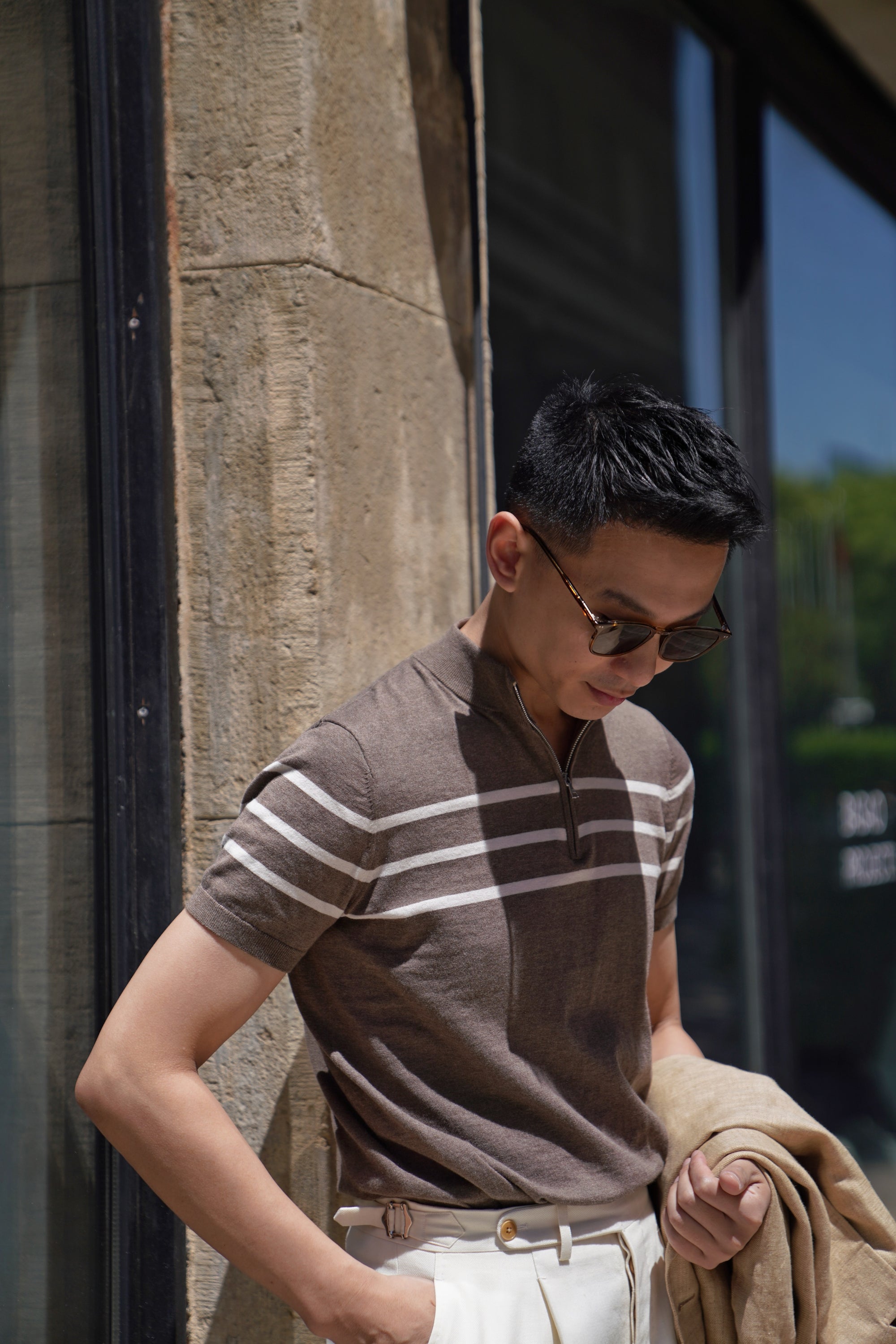Mocha / Navy Cotton Blending Knitted Short Sleeve Mock Neck