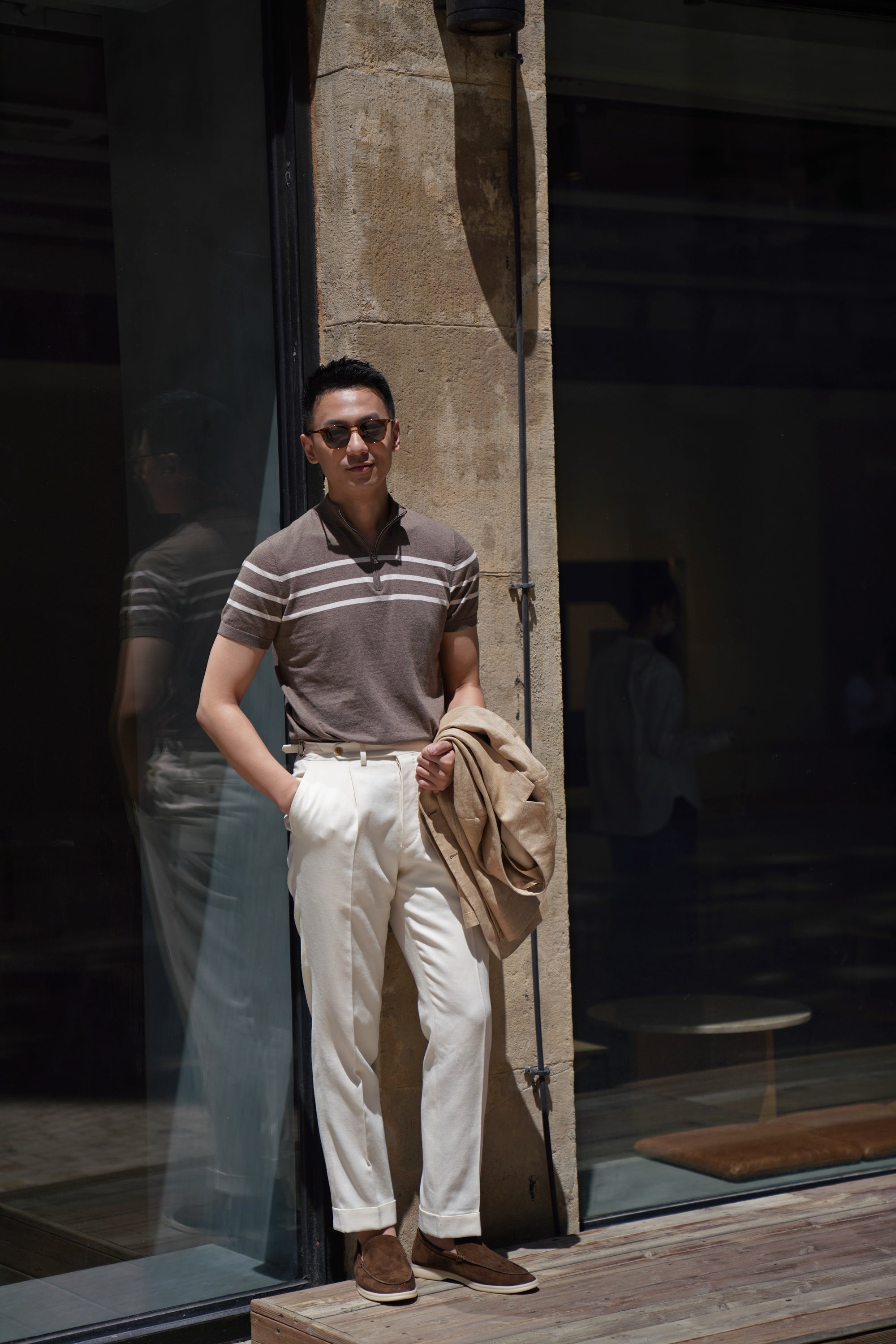 Mocha / Navy Cotton Blending Knitted Short Sleeve Mock Neck
