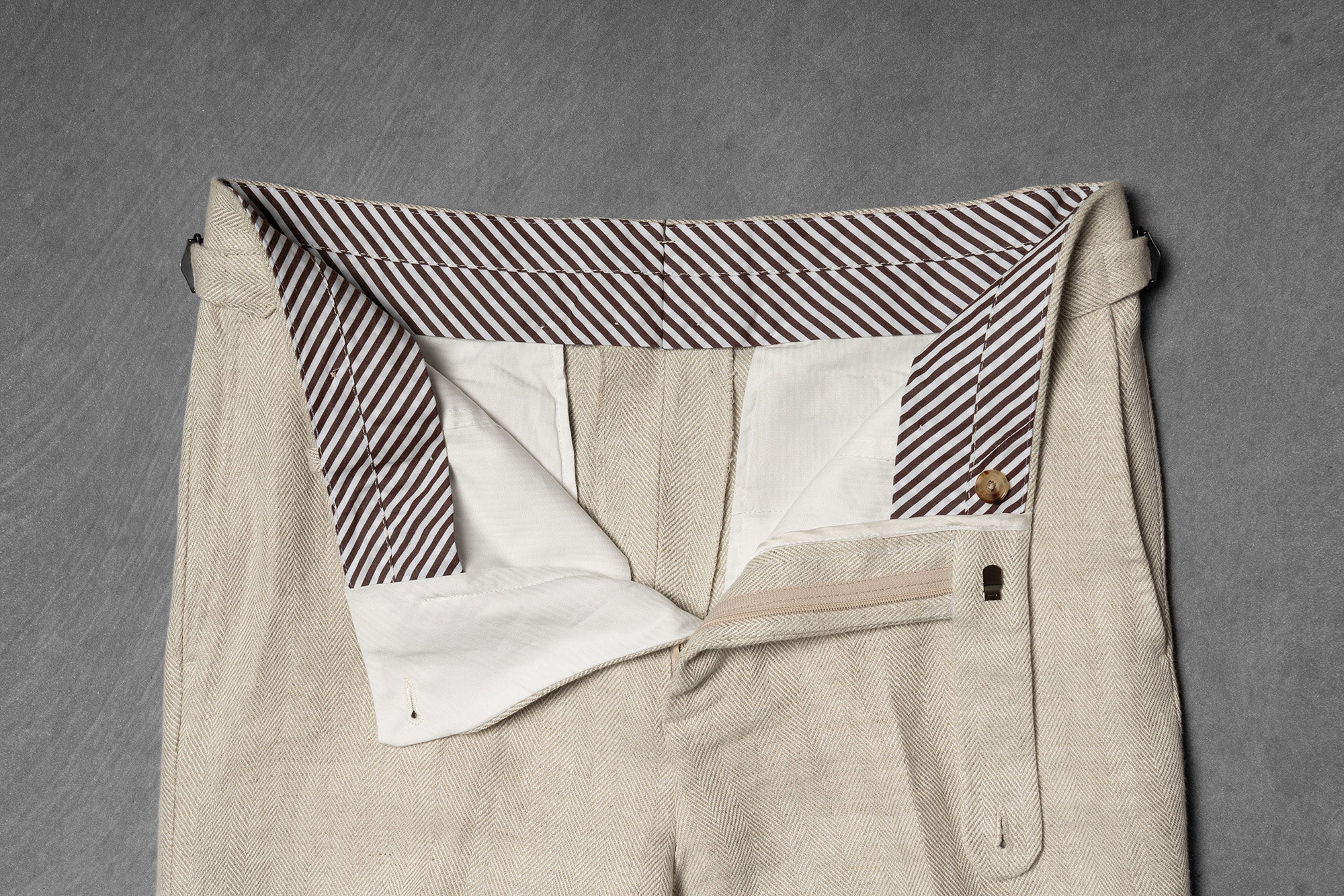 Oatmeal Herringbone Linen Trousers