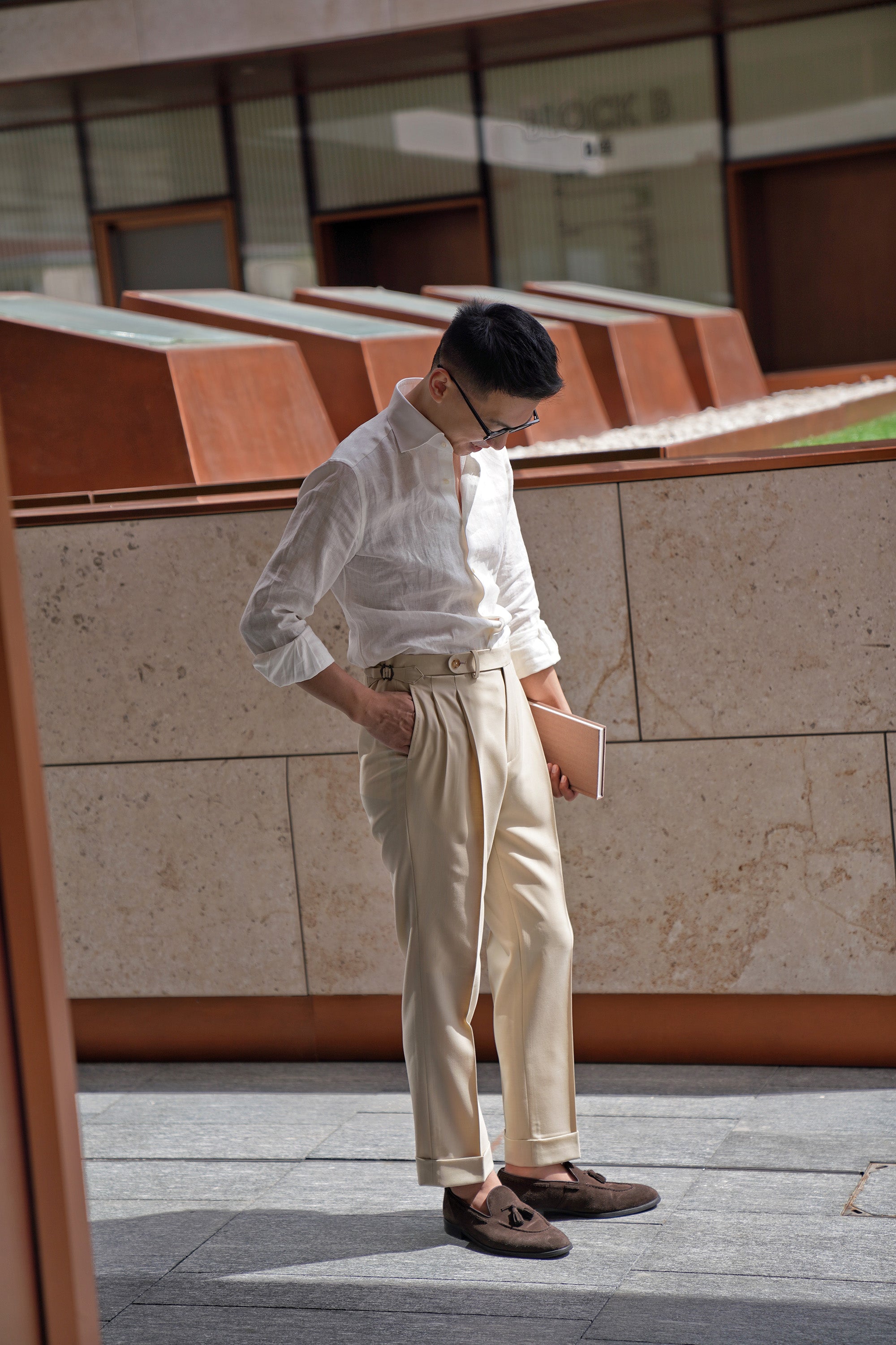 Cream Water-Repellent Wool Trousers