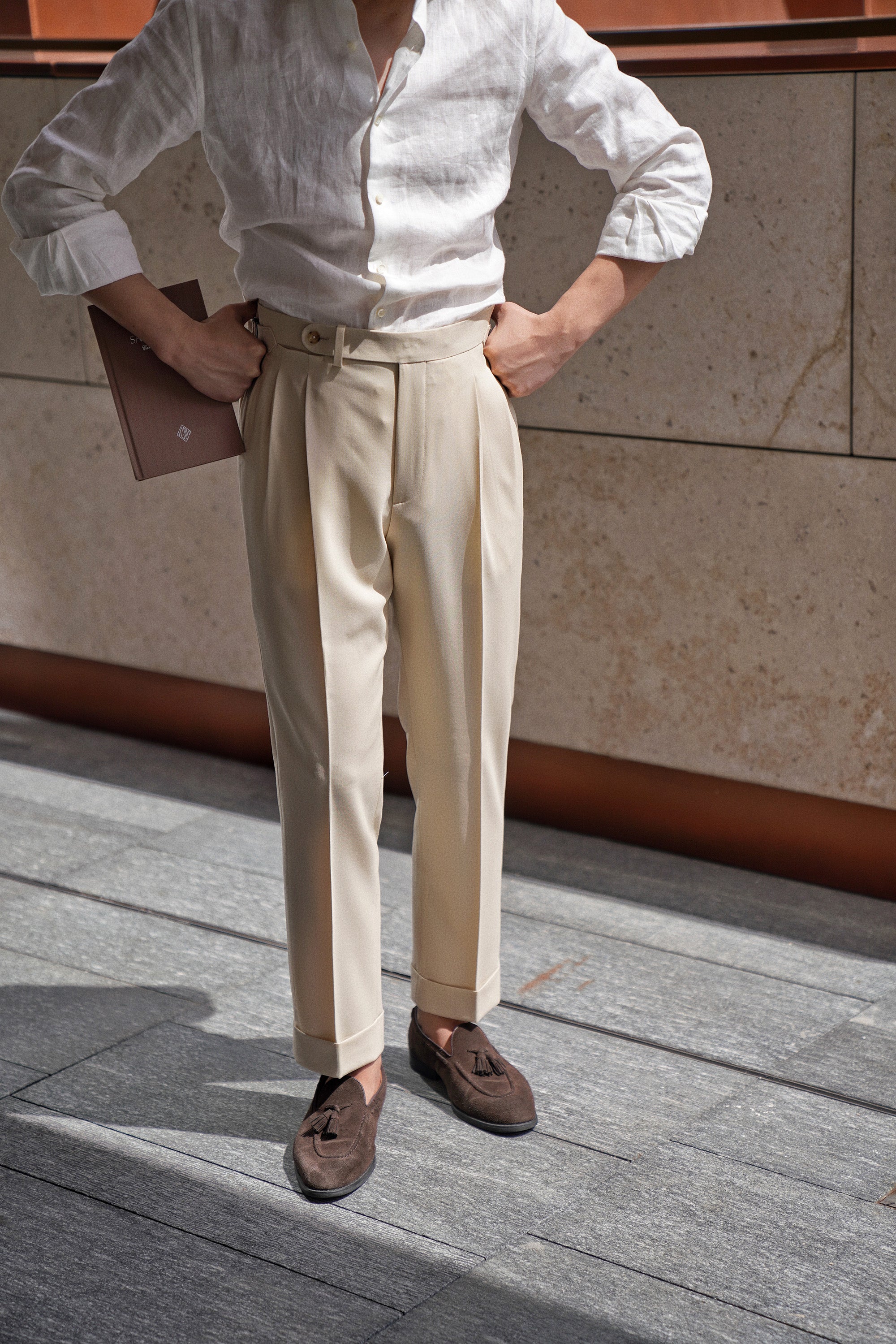 Cream Water-Repellent Wool Trousers