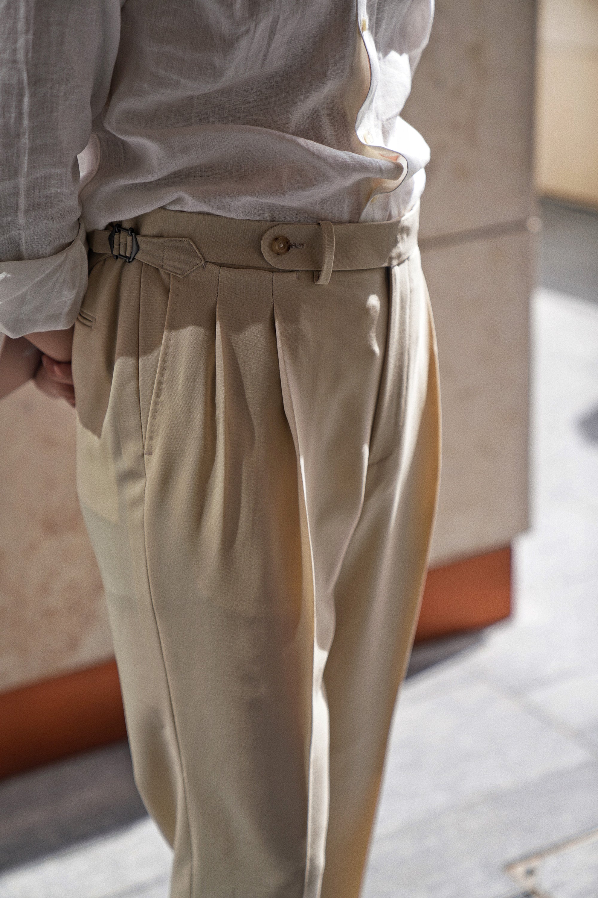 Cream Water-Repellent Wool Trousers
