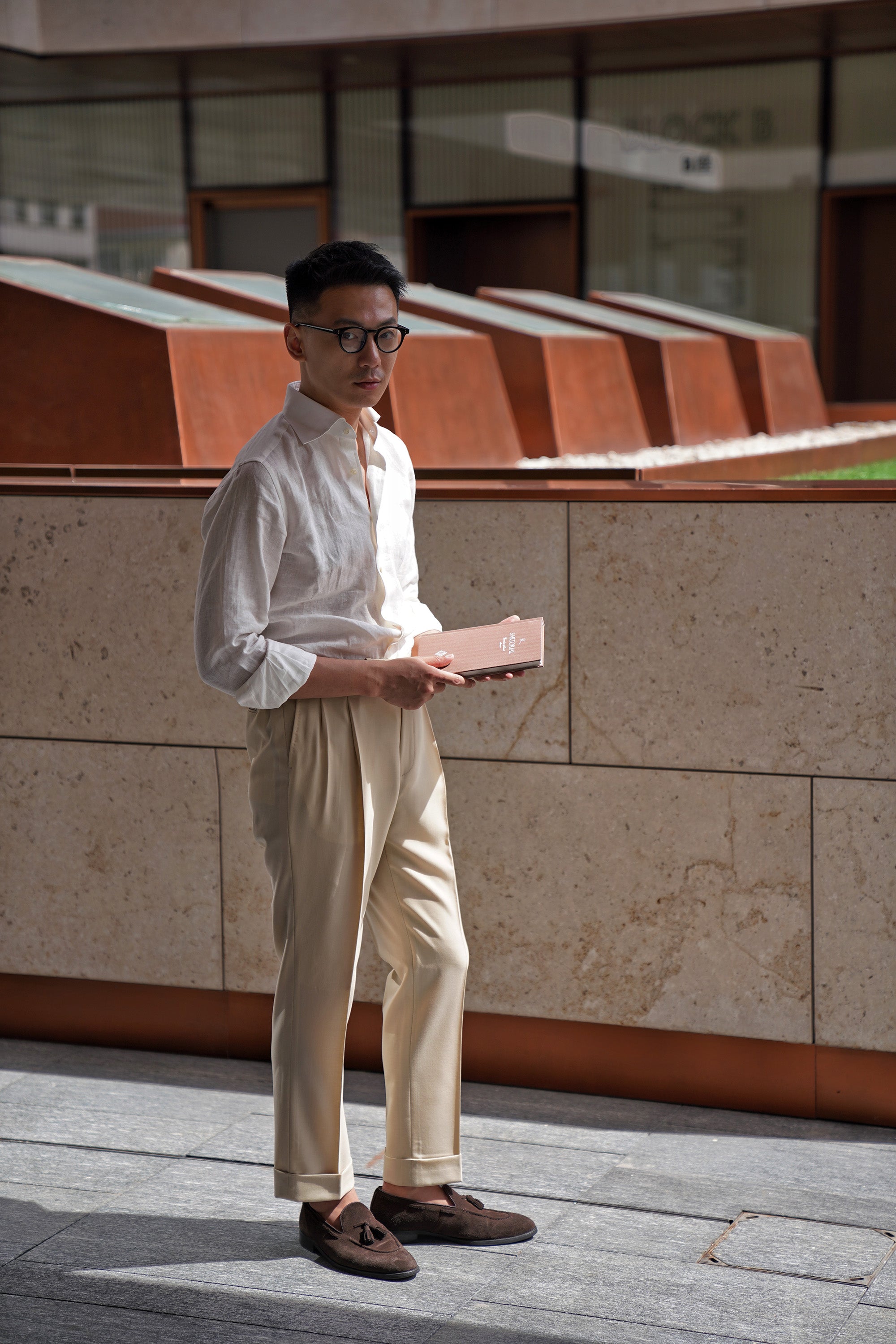 Cream Water-Repellent Wool Trousers