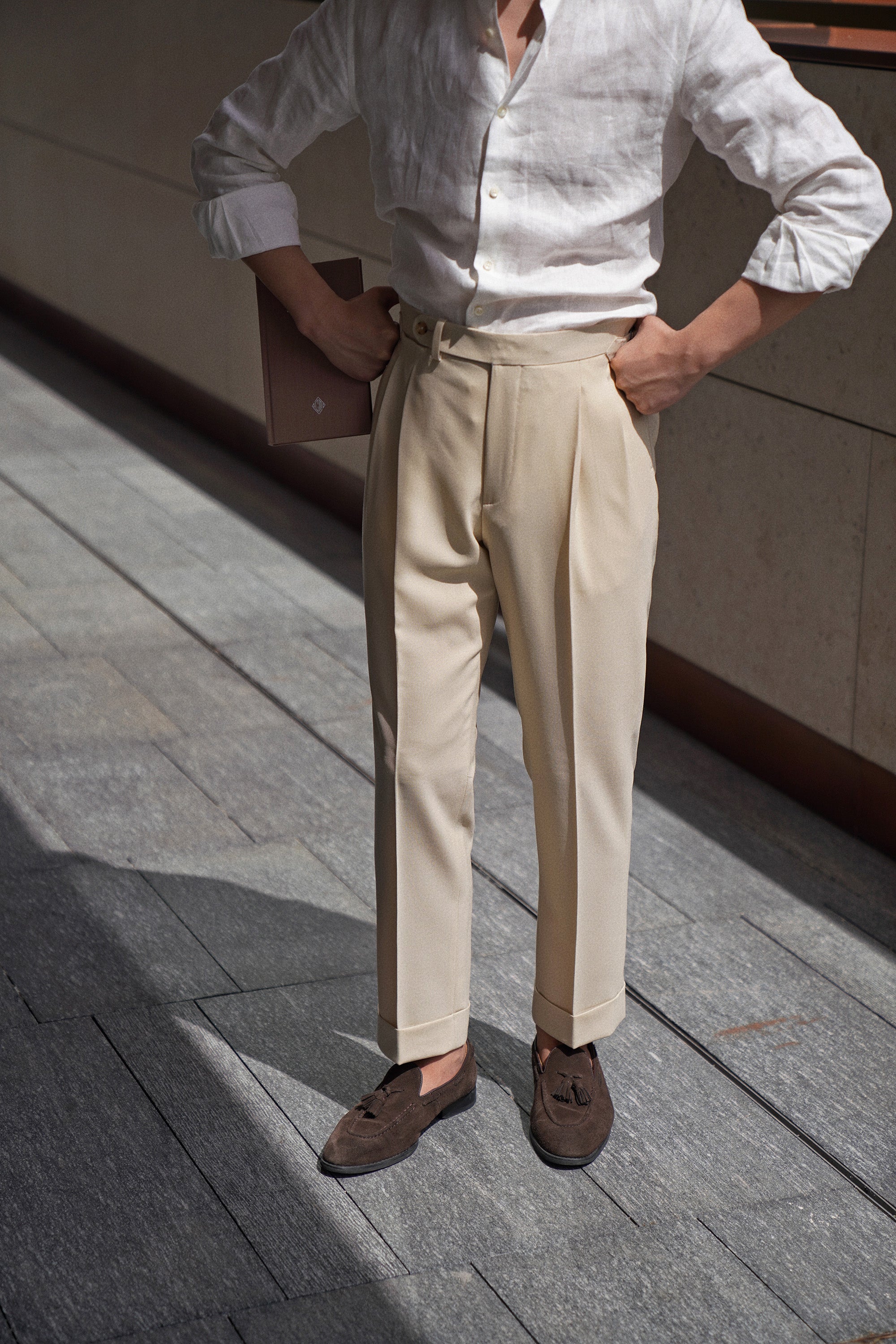 Cream Water-Repellent Wool Trousers