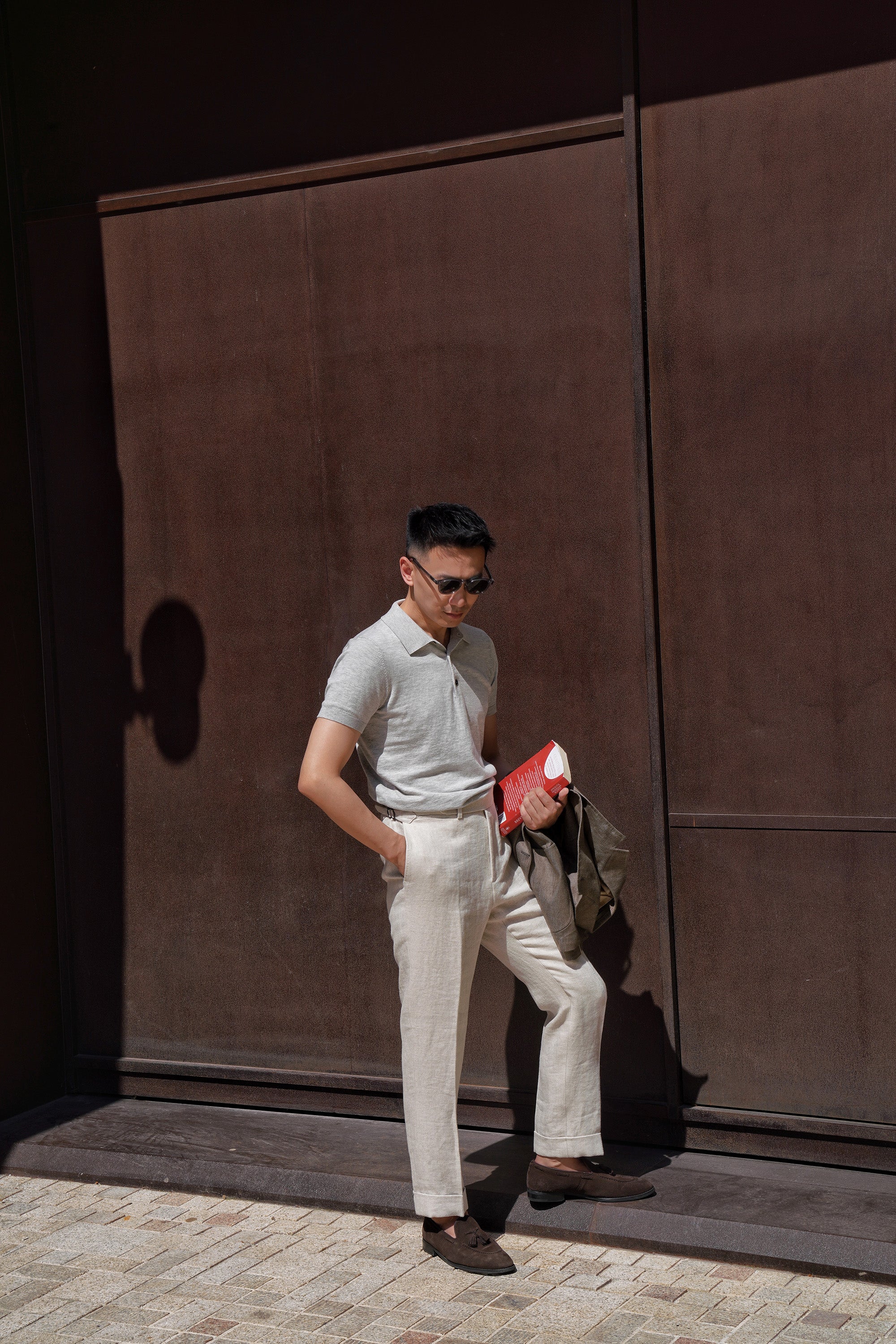 Oatmeal Herringbone Linen Trousers