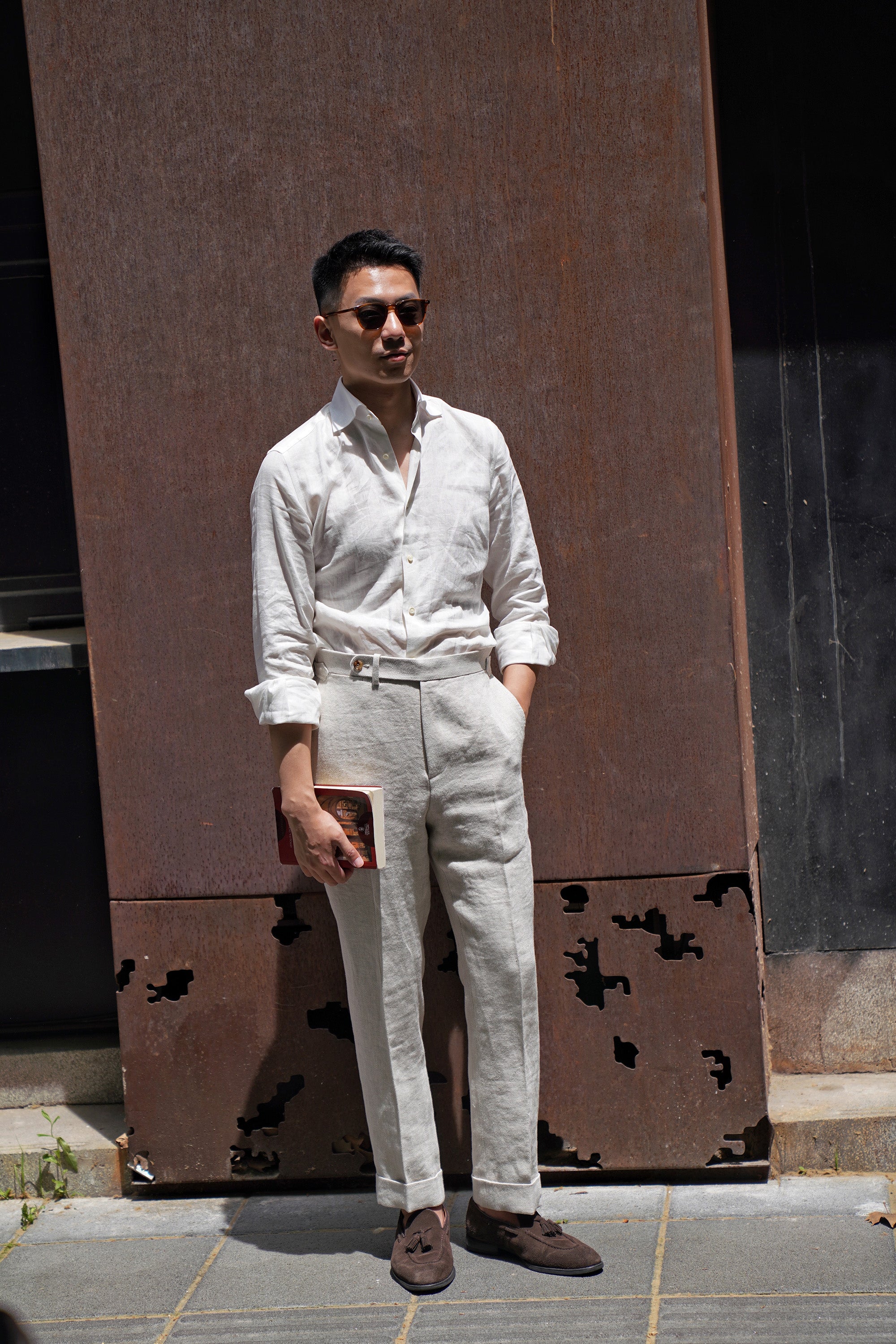 Oatmeal Herringbone Linen Trousers