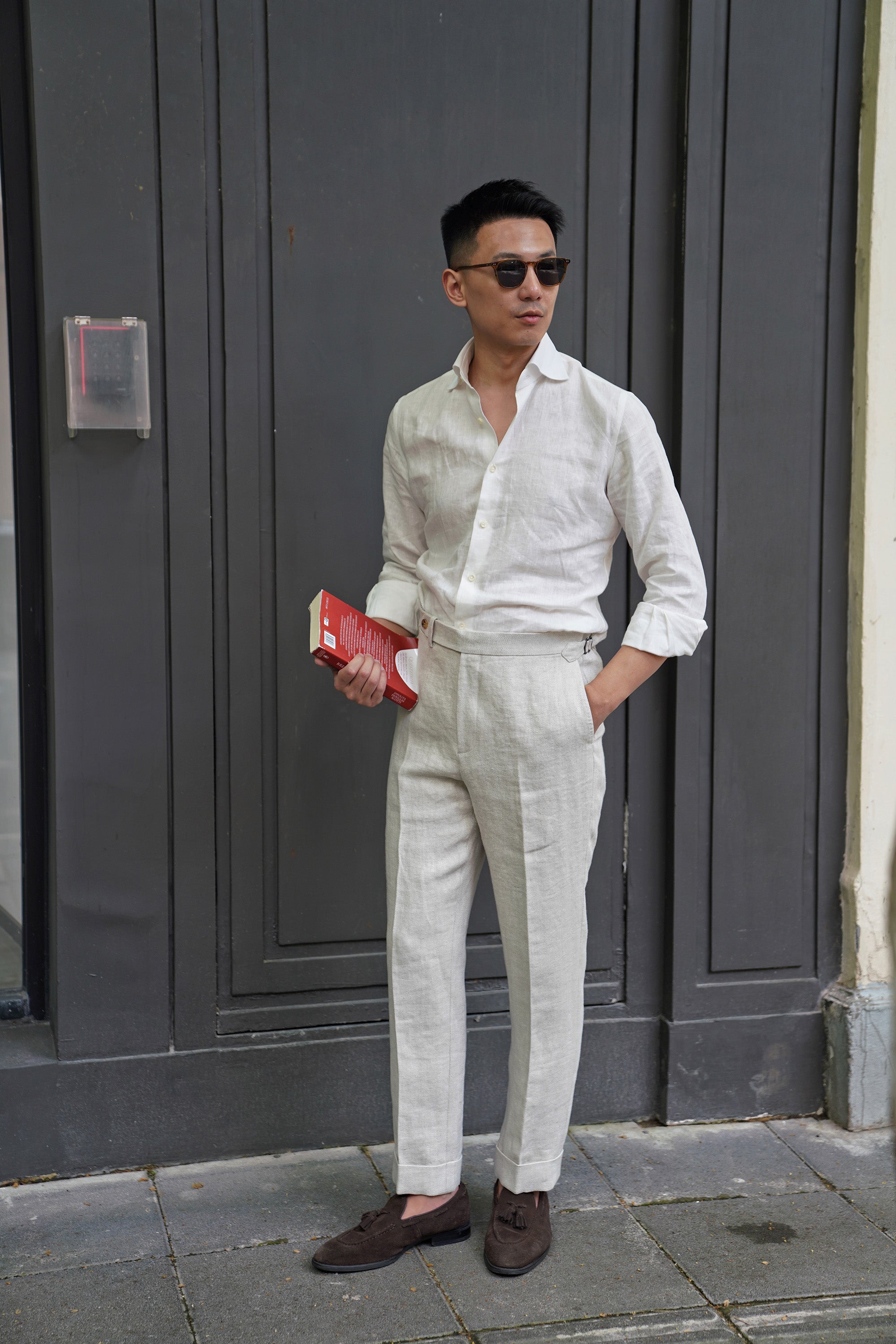 Oatmeal Herringbone Linen Trousers