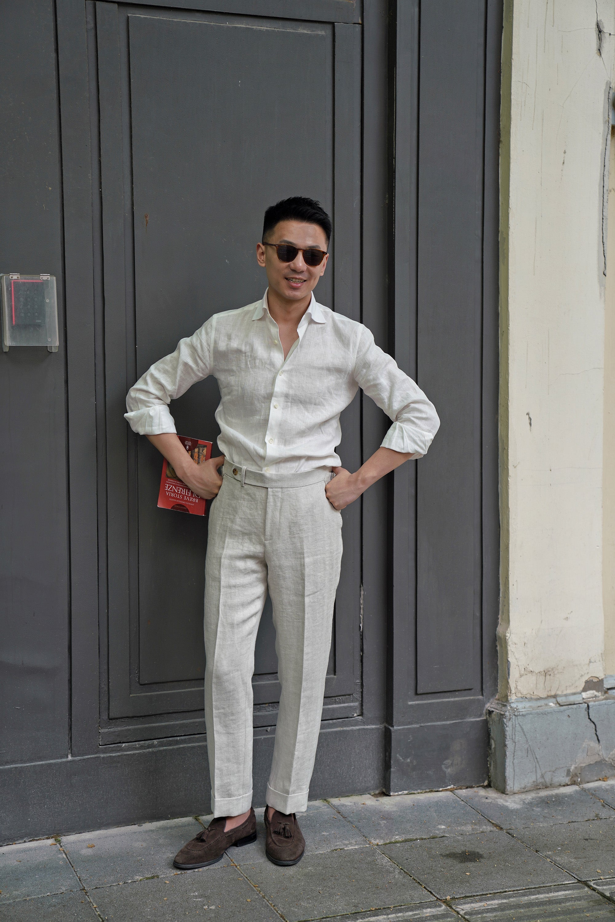 Oatmeal Herringbone Linen Trousers