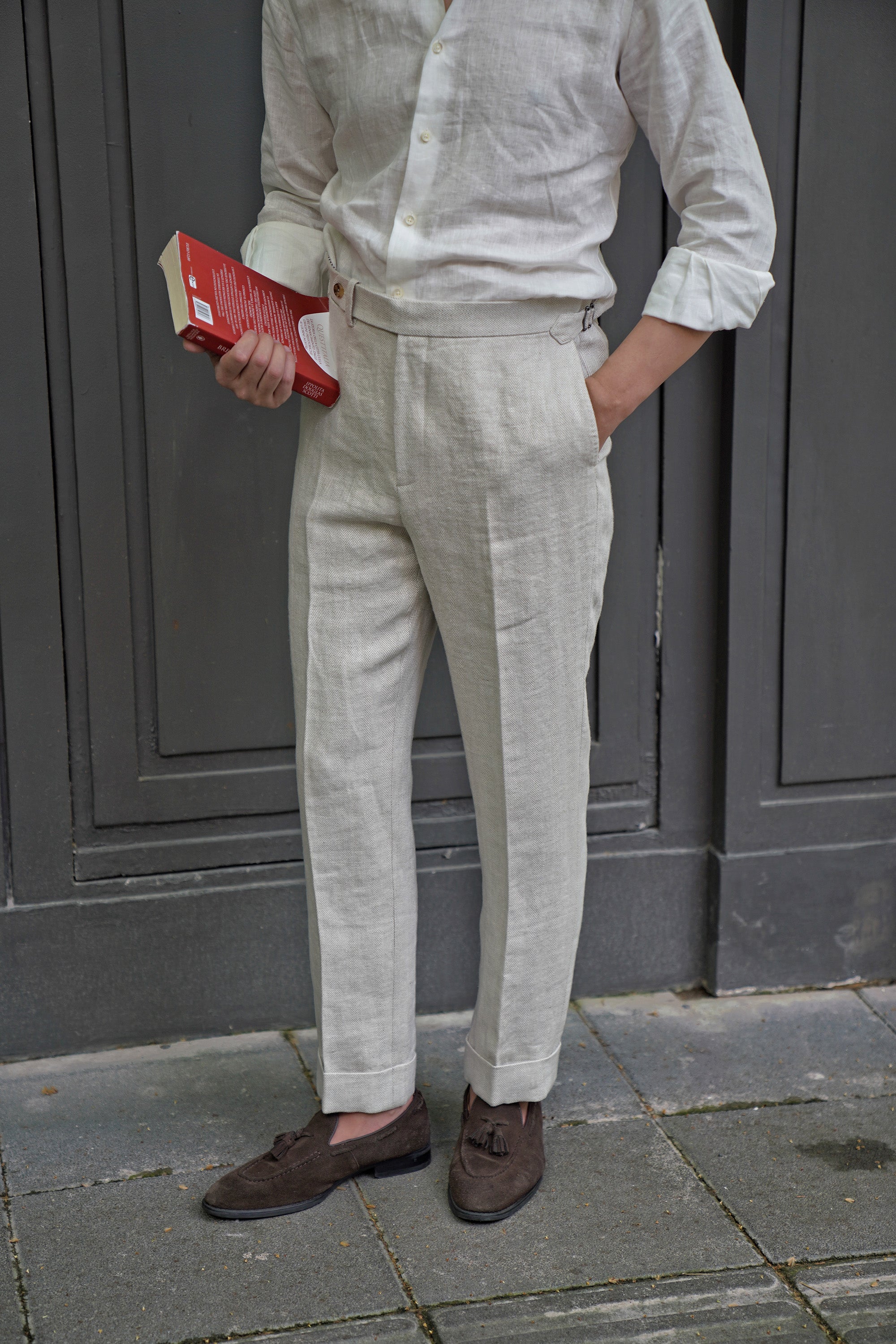 Oatmeal Herringbone Linen Trousers