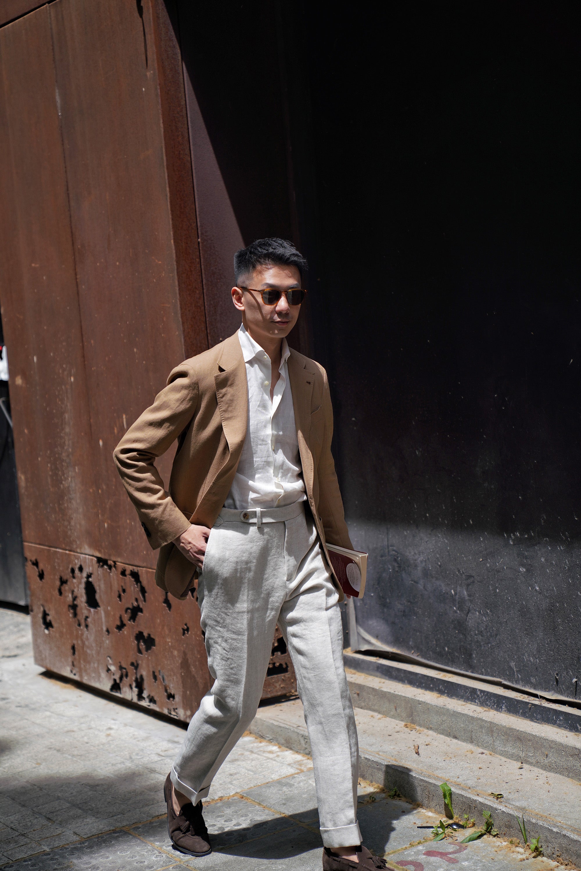 Oatmeal Herringbone Linen Trousers