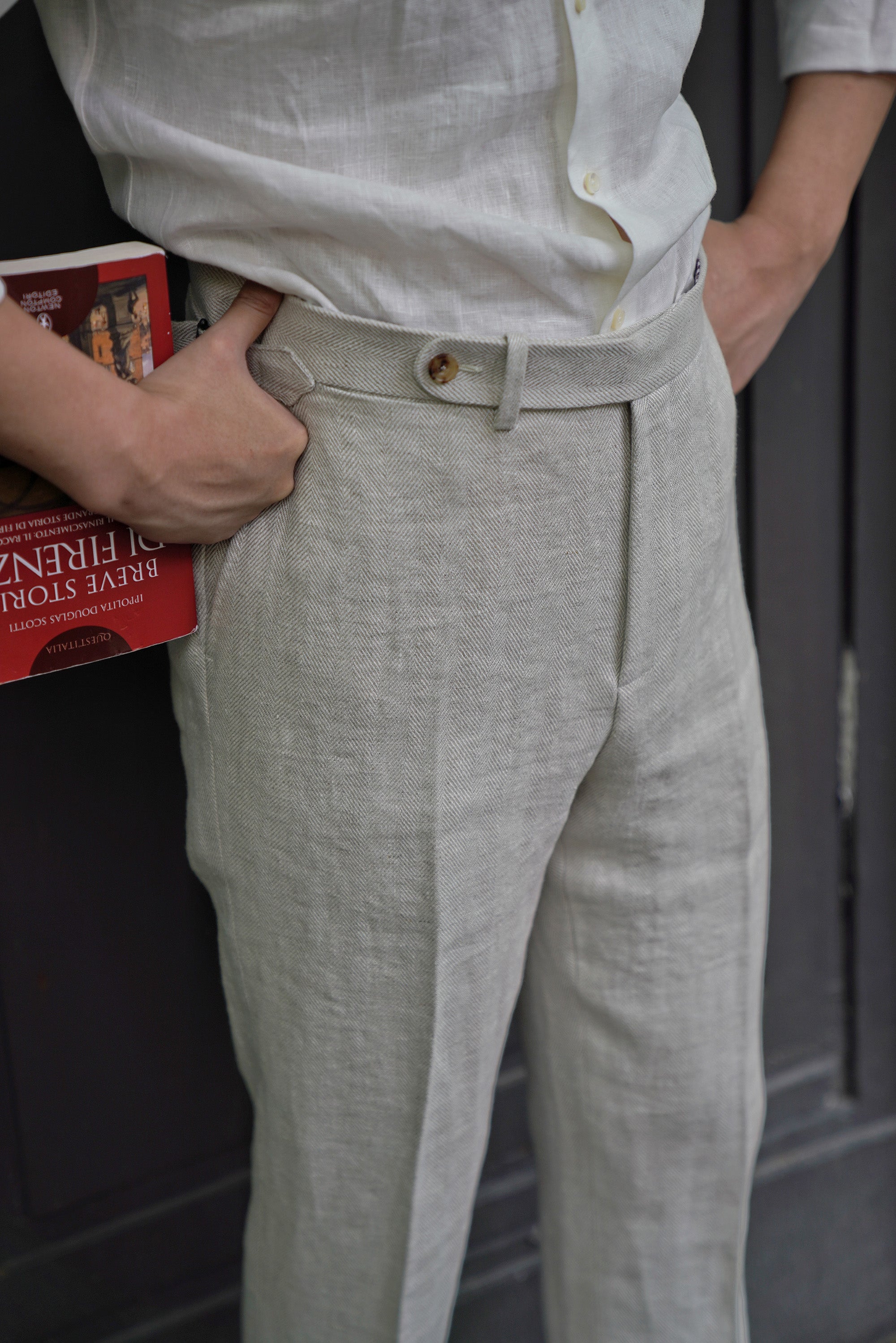 Oatmeal Herringbone Linen Trousers