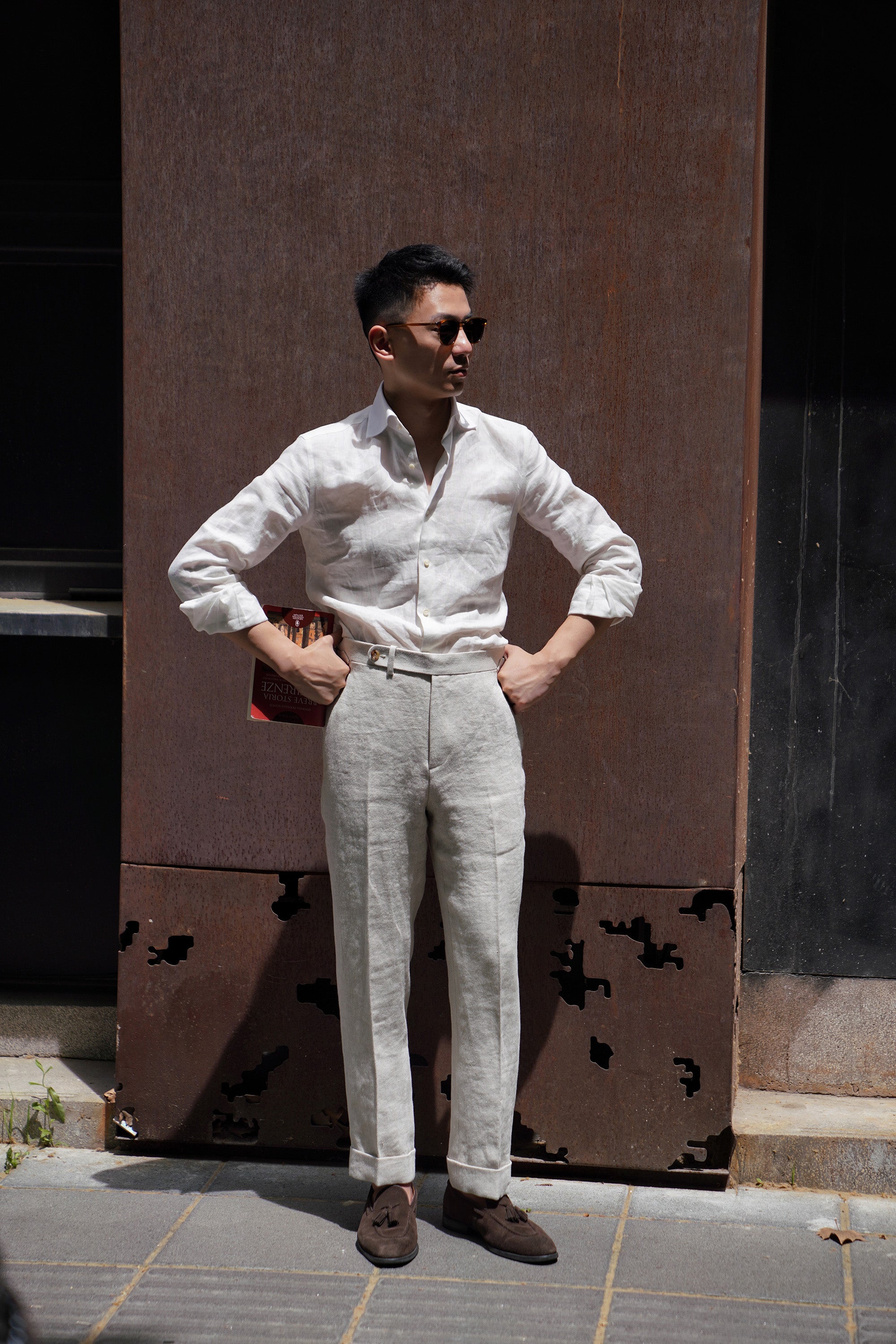 Oatmeal Herringbone Linen Trousers