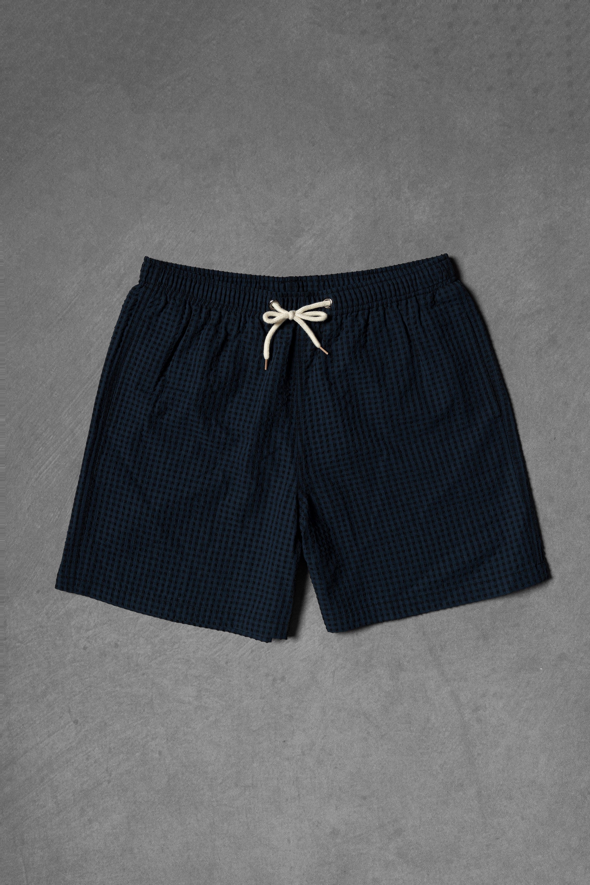 Navy Stripe Sorona Seersucker Drawstring Beach Shorts