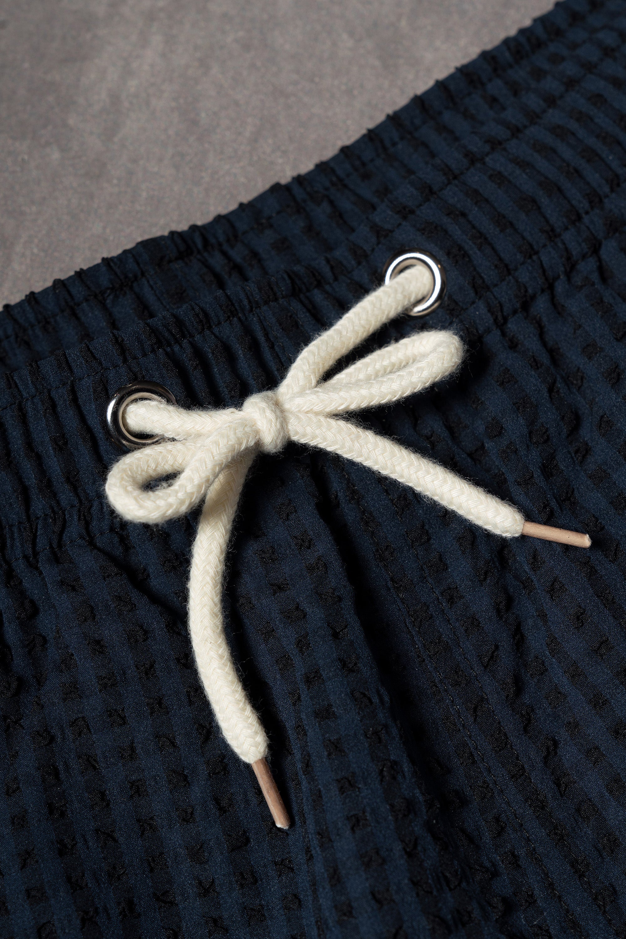 Navy Stripe Sorona Seersucker Drawstring Beach Shorts