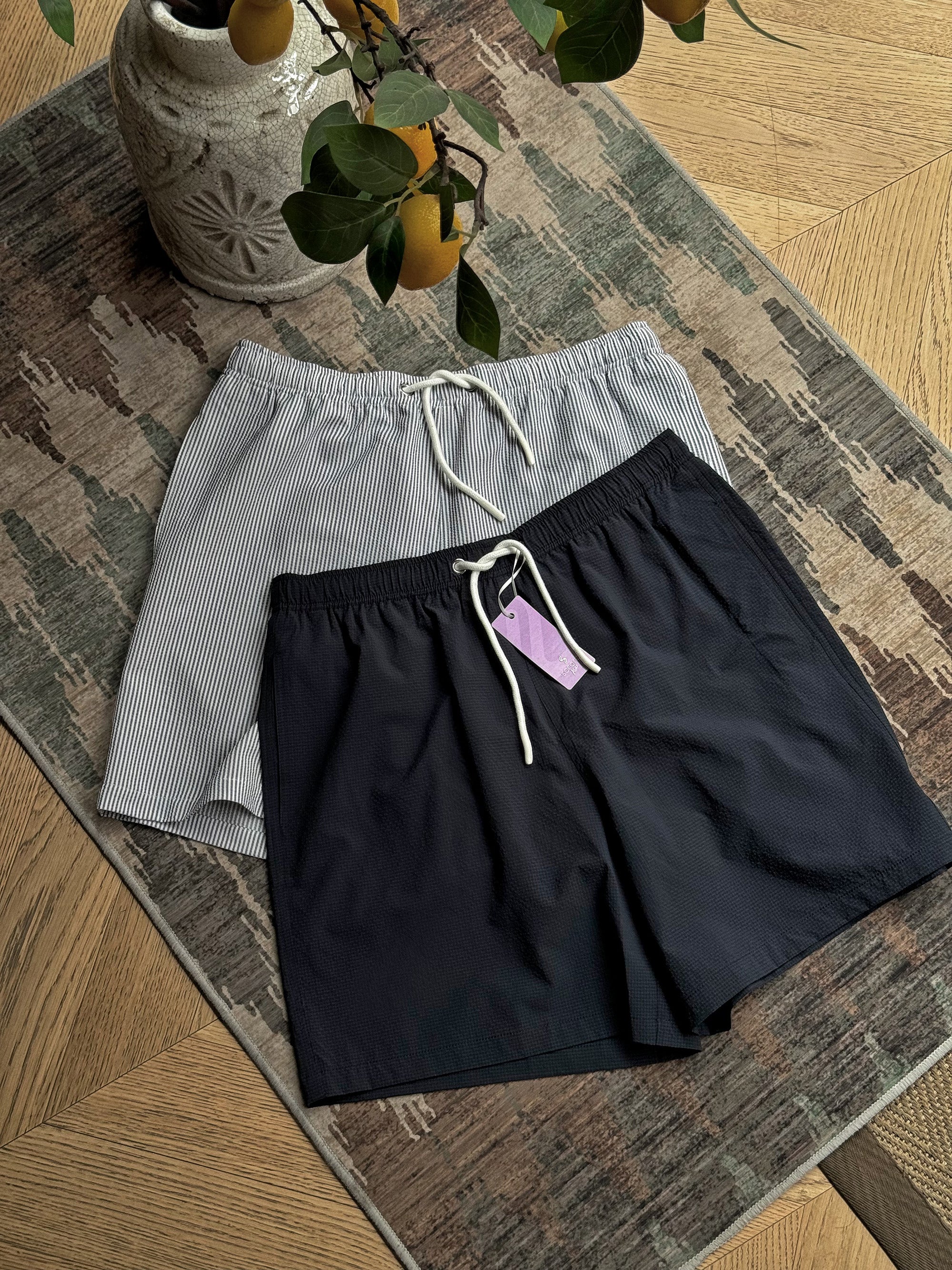 Navy Stripe Sorona Seersucker Drawstring Beach Shorts