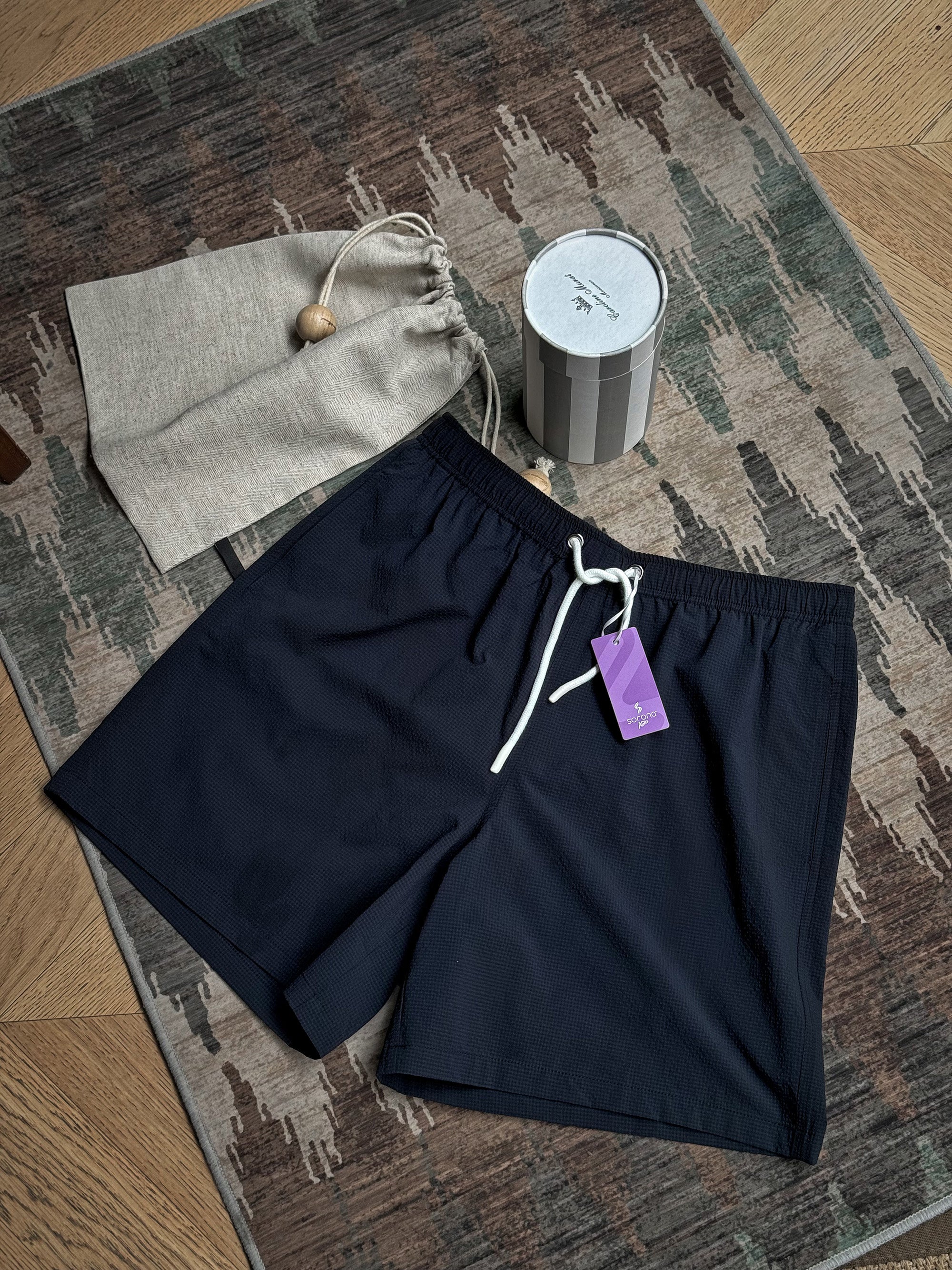 Navy Stripe Sorona Seersucker Drawstring Beach Shorts