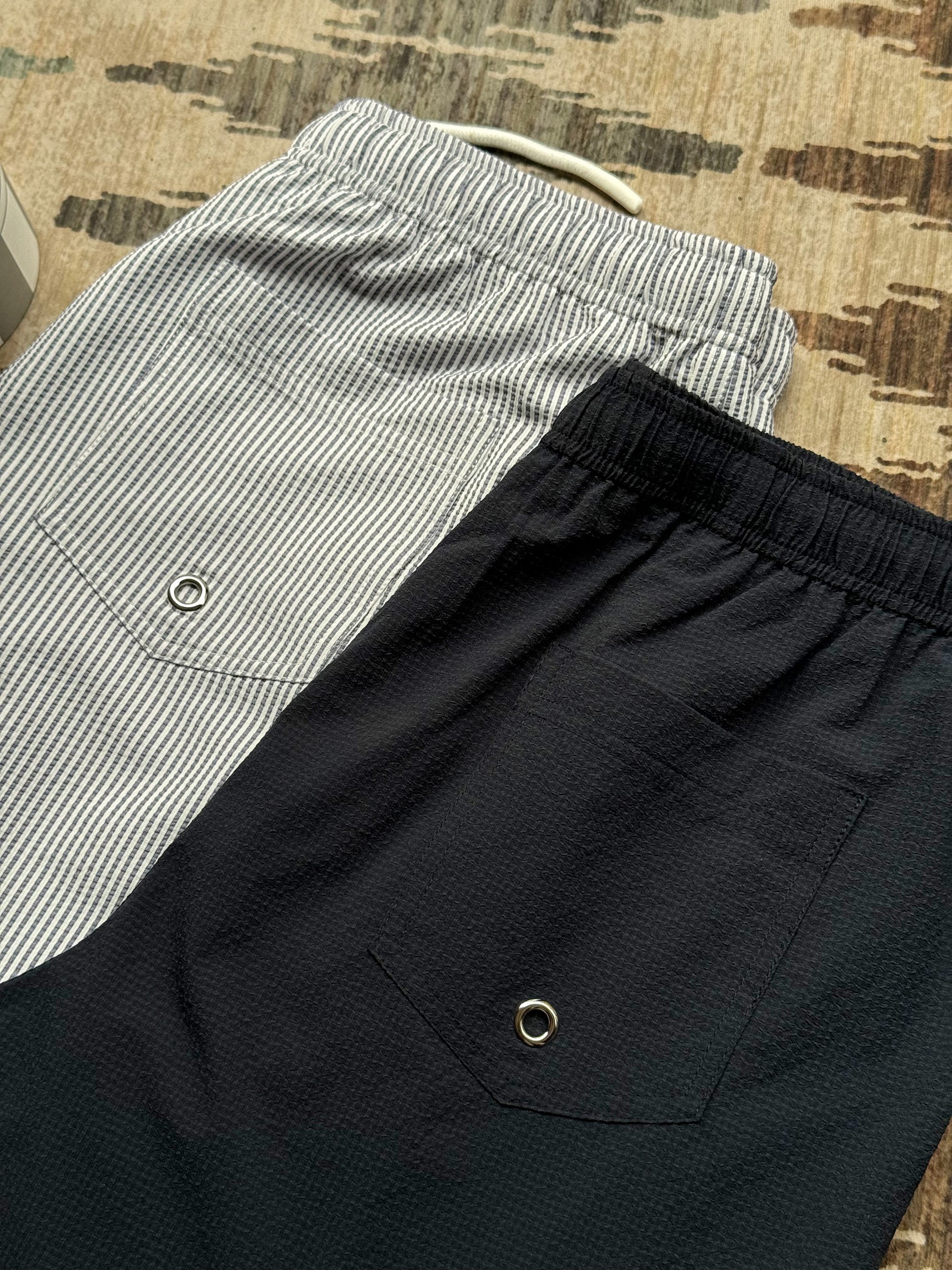 Navy Stripe Sorona Seersucker Drawstring Beach Shorts