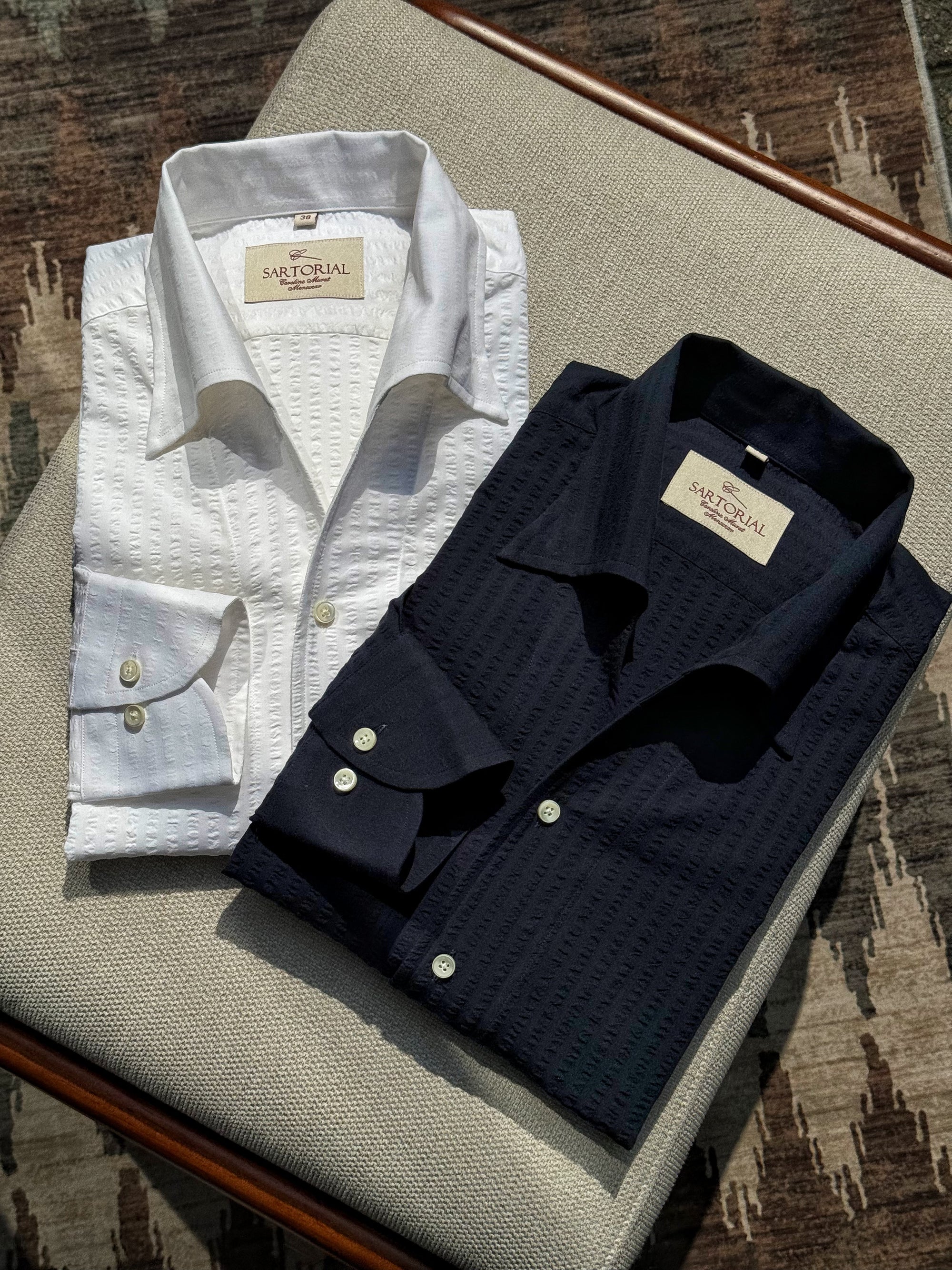 MTO White / Navy Blending One Piece Collar Seersucker Shirt